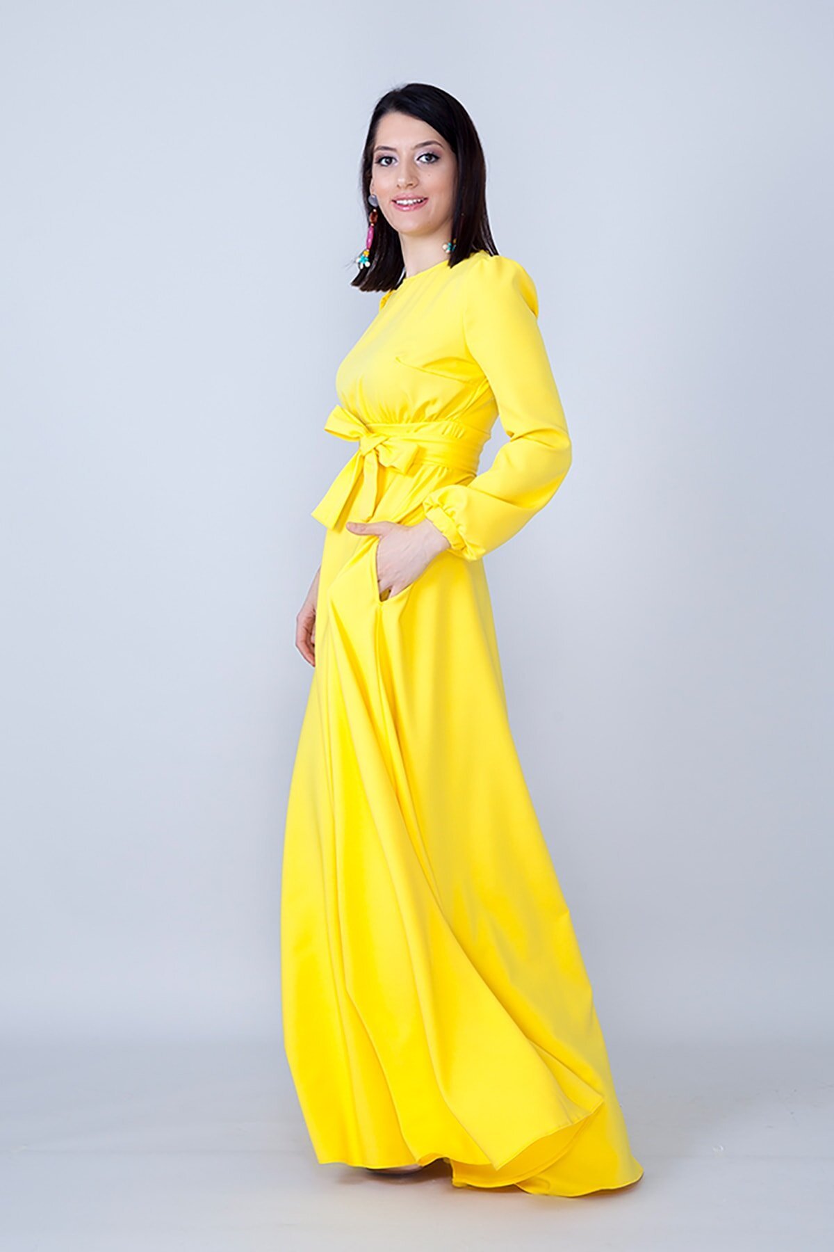 Maxi Modest Long-Sleeve Belted Shirred Waist Evening Dress - Yellow - Bidoluelbise