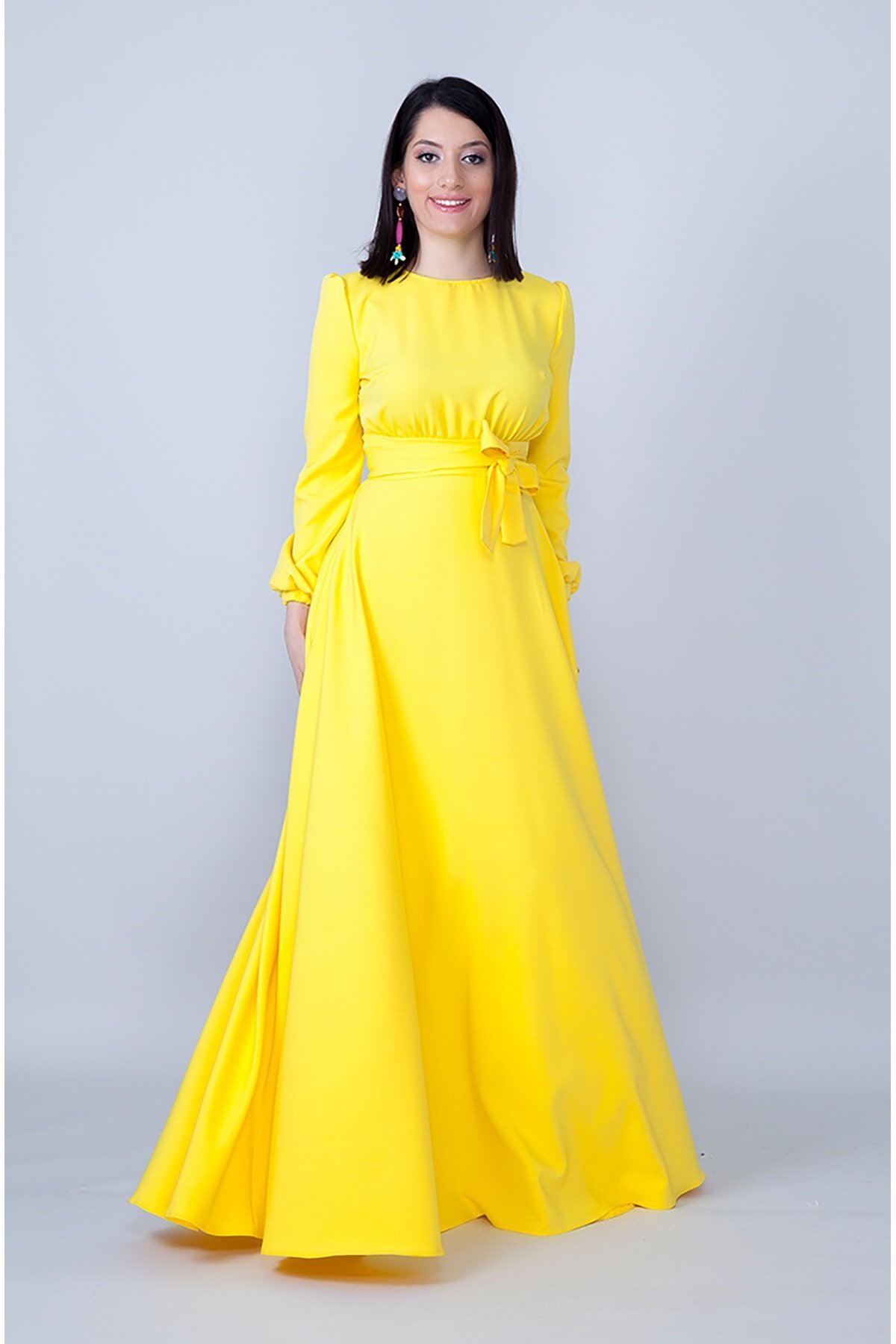 Maxi Modest Long-Sleeve Belted Shirred Waist Evening Dress - Yellow - Bidoluelbise