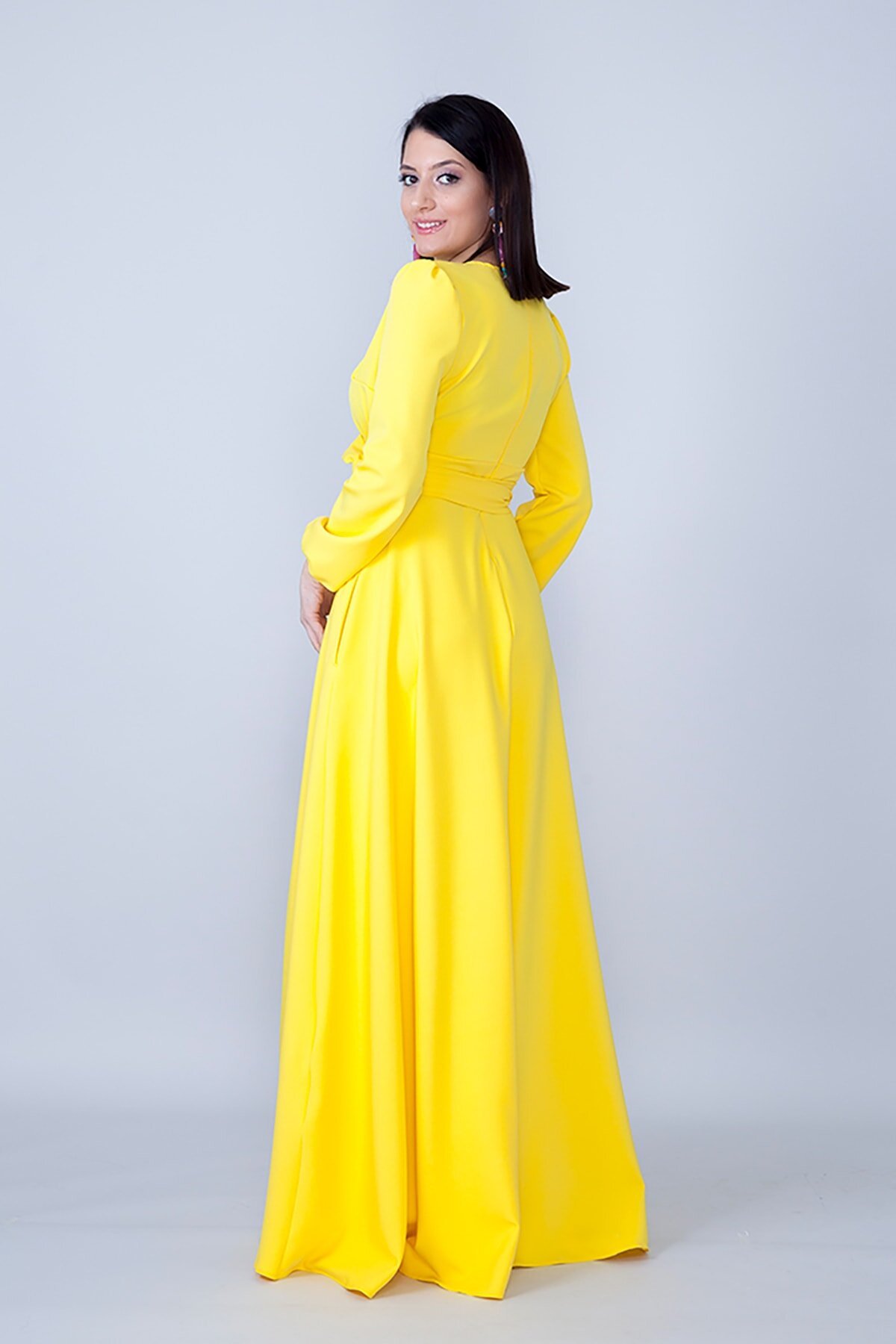 Maxi Modest Long-Sleeve Belted Shirred Waist Evening Dress - Yellow - Bidoluelbise