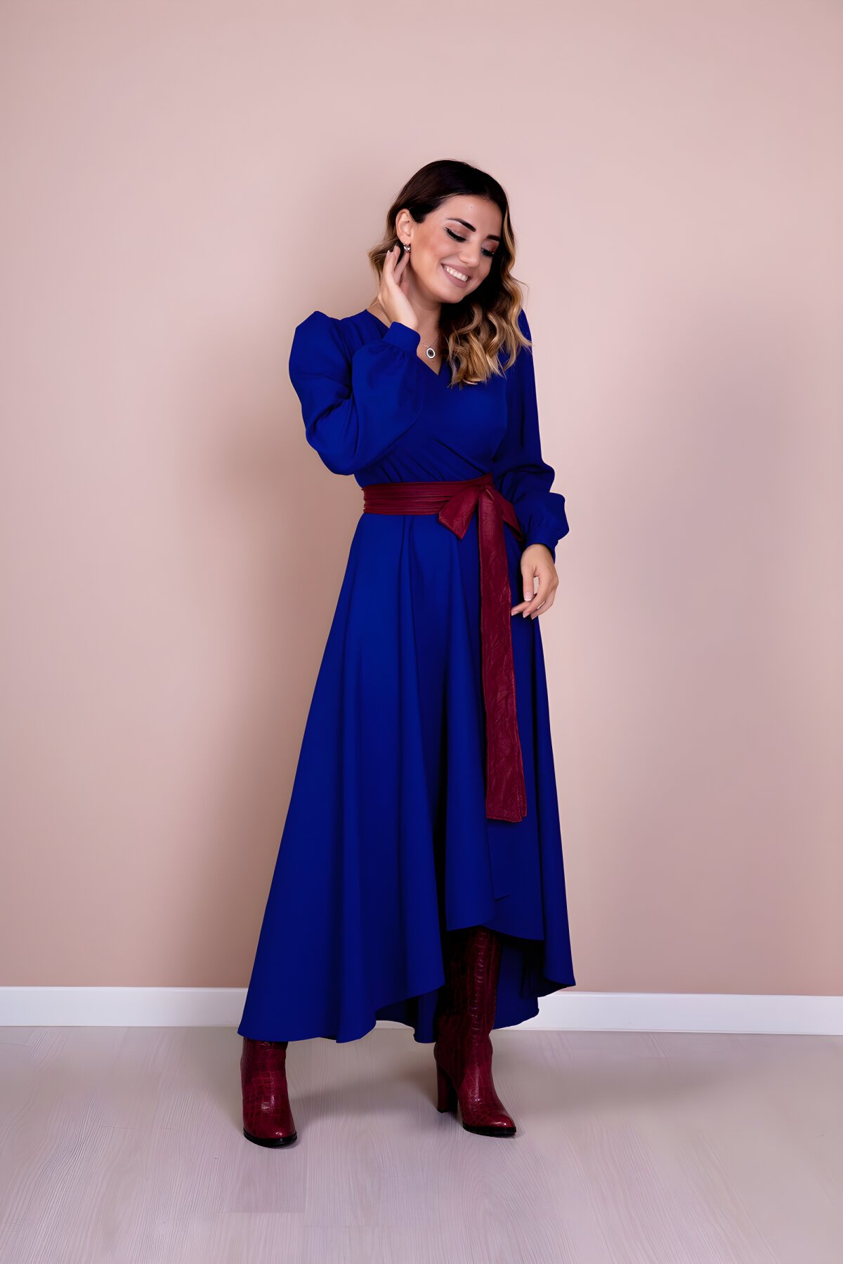 Asymmetrical Long Sleeve Leather Belt Modest Dress - Sax and Burgundy - Bidoluelbise