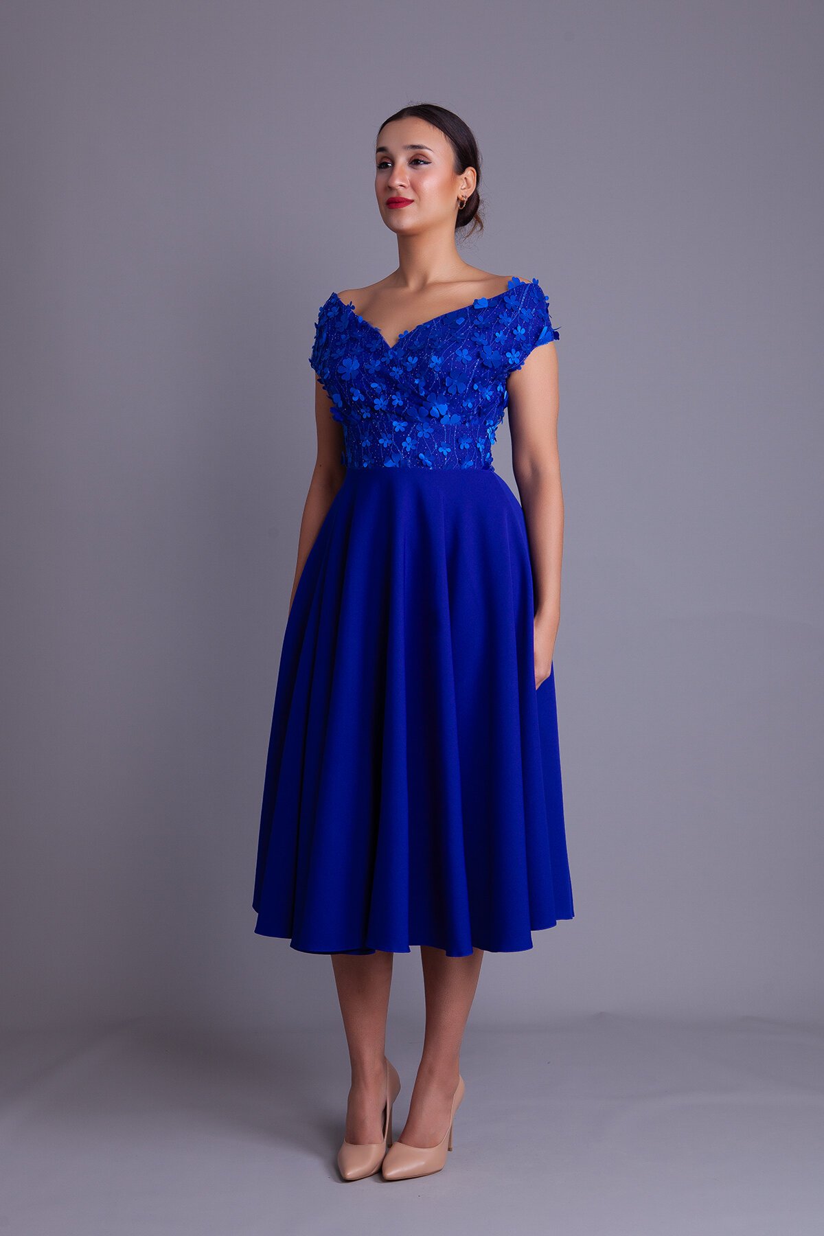 Midi Floral Tulle Detail Boat Neck Evening Dress - Sax Blue - Bidoluelbise