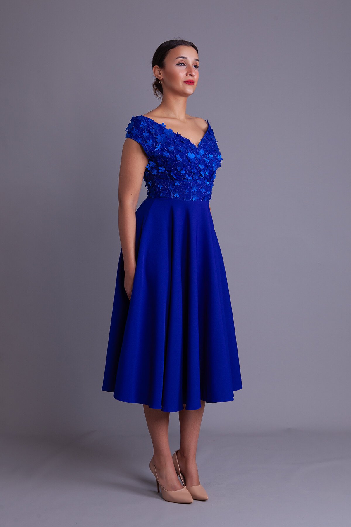 Midi Floral Tulle Detail Boat Neck Evening Dress - Sax Blue - Bidoluelbise