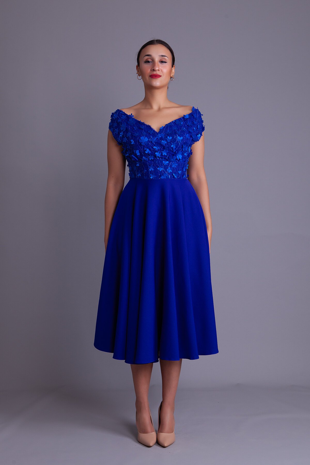 Midi Floral Tulle Detail Boat Neck Evening Dress - Sax Blue - Bidoluelbise