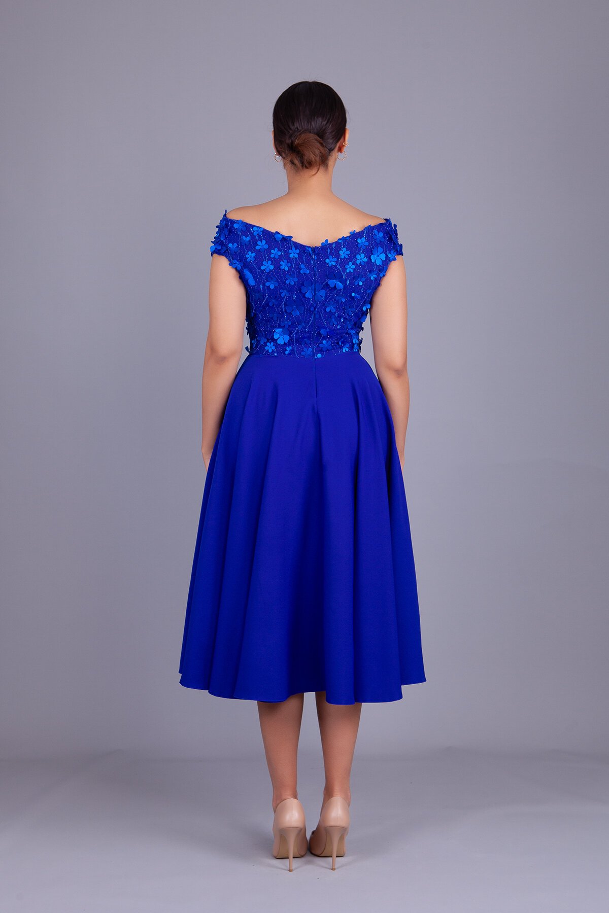Midi Floral Tulle Detail Boat Neck Evening Dress - Sax Blue - Bidoluelbise