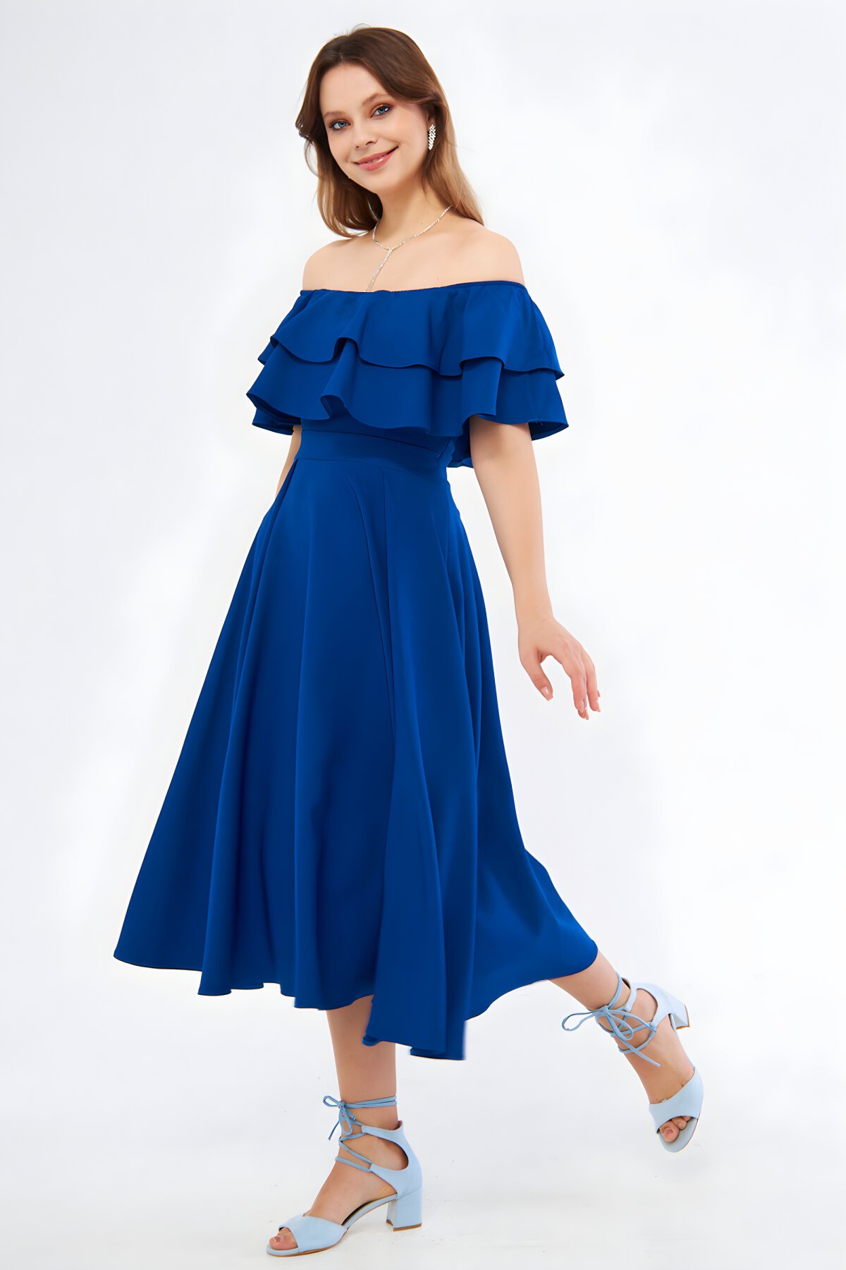 Midi Draped Drop-Shoulder Ruffle-Neck Evening Dress - Sax Blue - Bidoluelbise