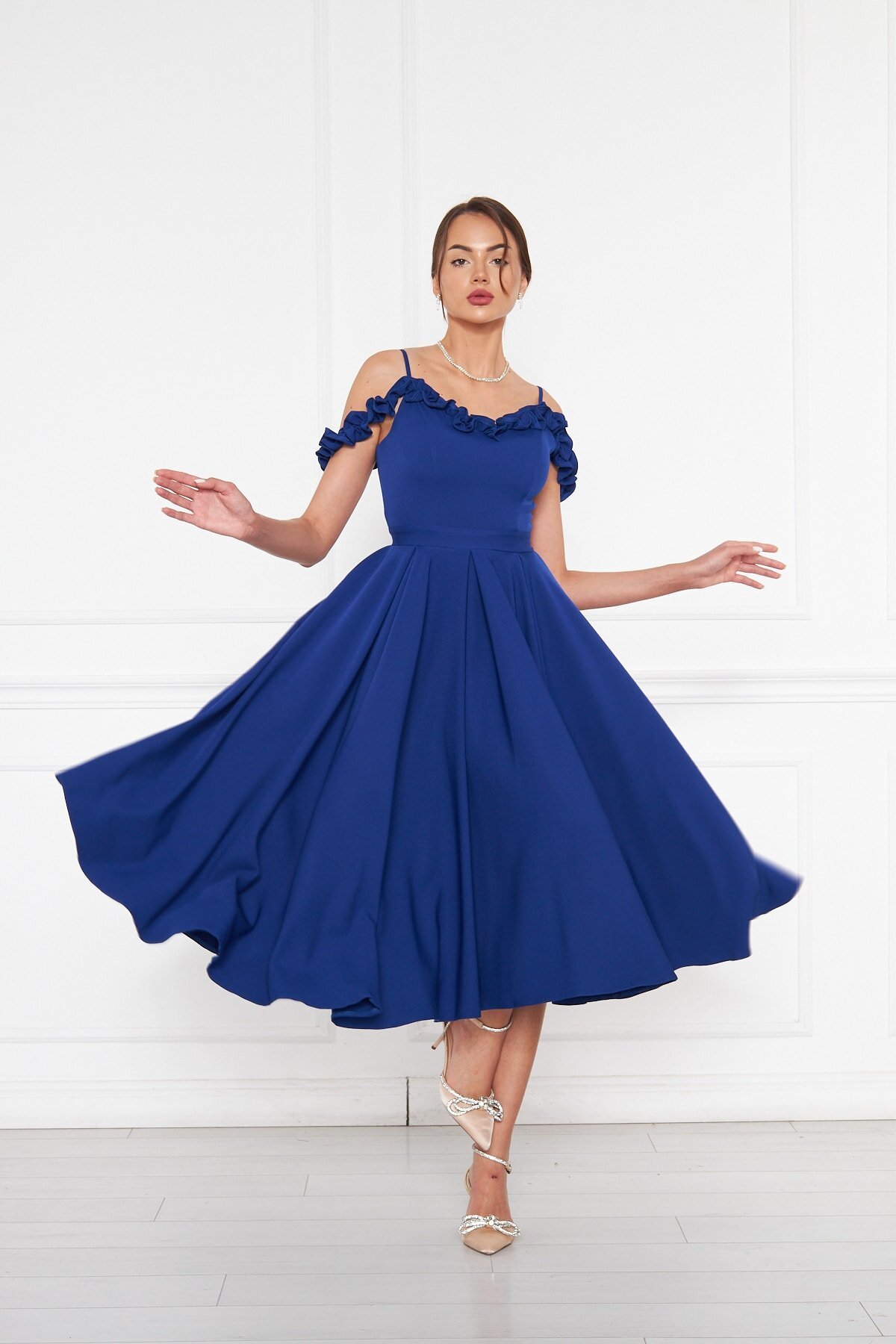 Midi Flared Ruffle-Detail Adjustable-Strap Evening Dress - Sax Blue - Bidoluelbise