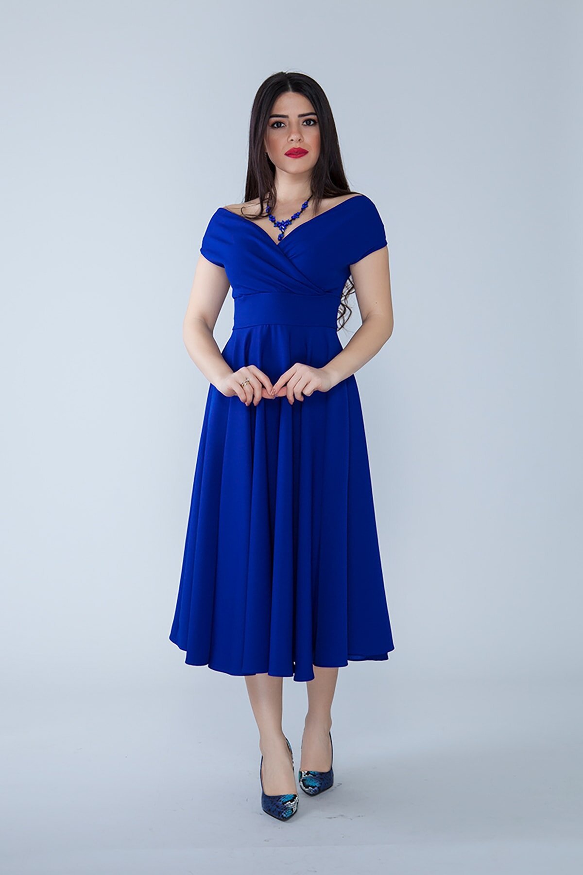 Midi Flared Boat Neck Evening Dress - Sax Blue - Bidoluelbise