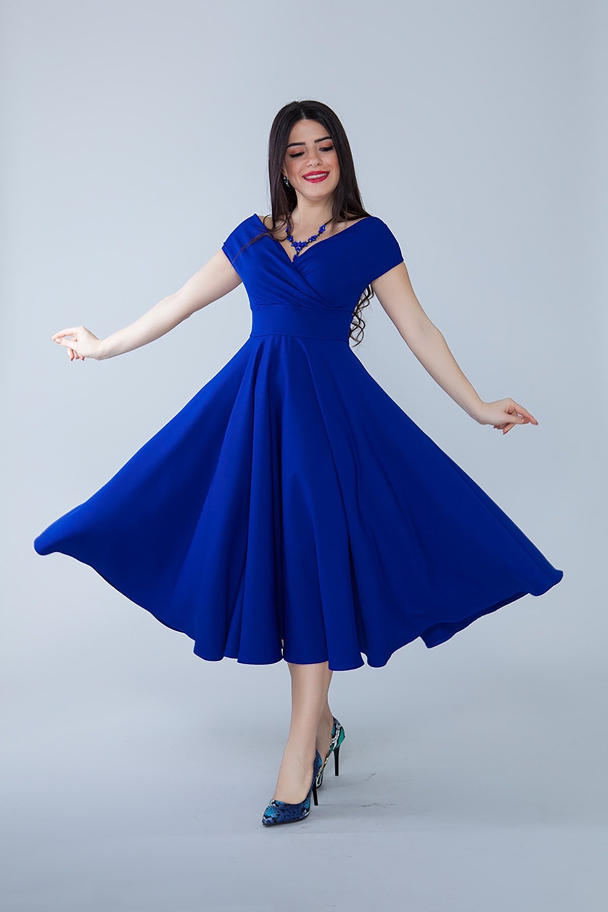 Midi Flared Boat Neck Evening Dress - Sax Blue - Bidoluelbise