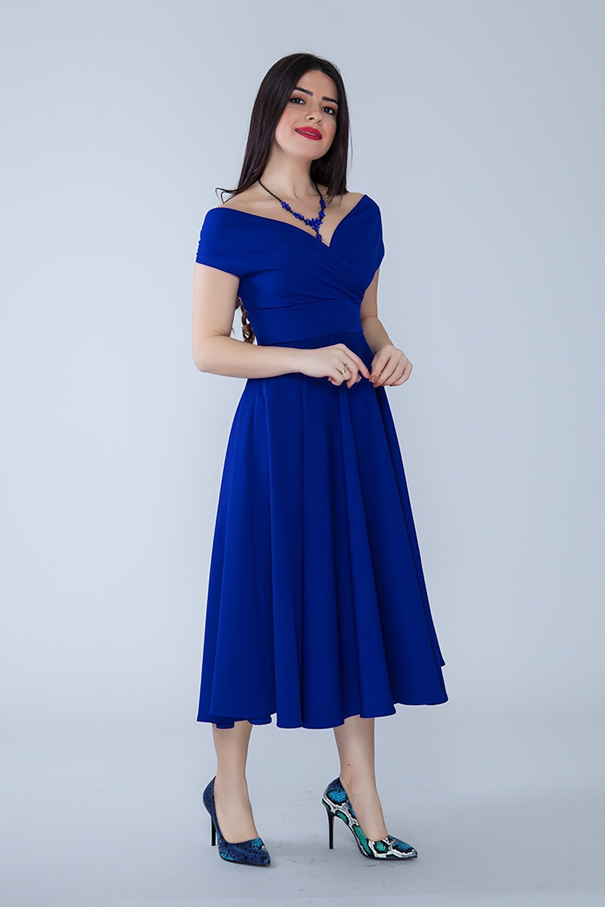 Midi Flared Boat Neck Evening Dress - Sax Blue - Bidoluelbise