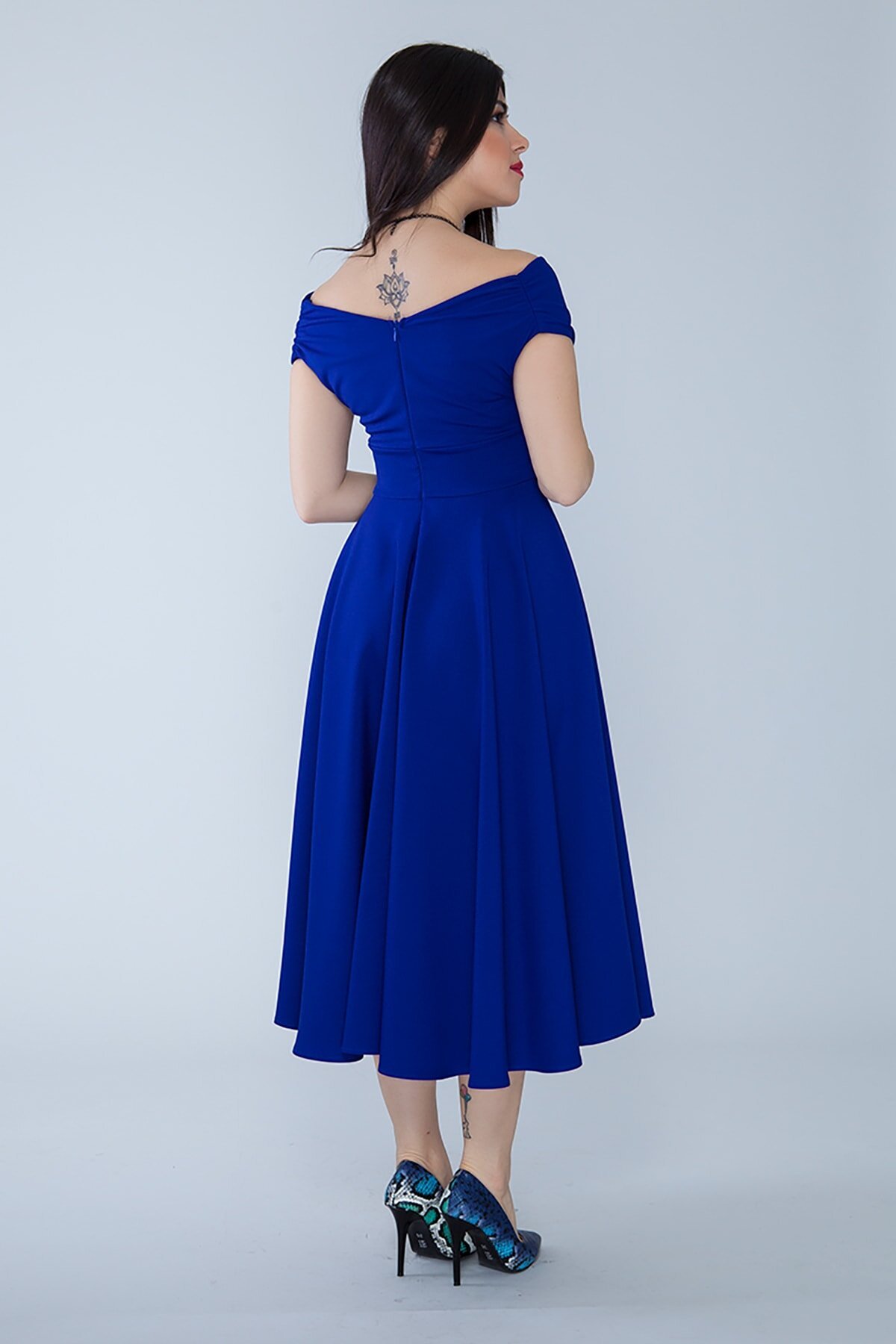 Midi Flared Boat Neck Evening Dress - Sax Blue - Bidoluelbise