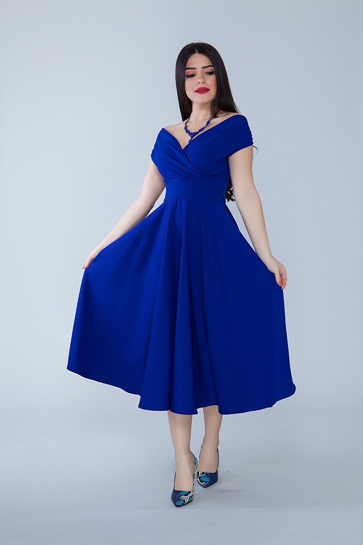 Midi Flared Boat Neck Evening Dress - Sax Blue - Bidoluelbise