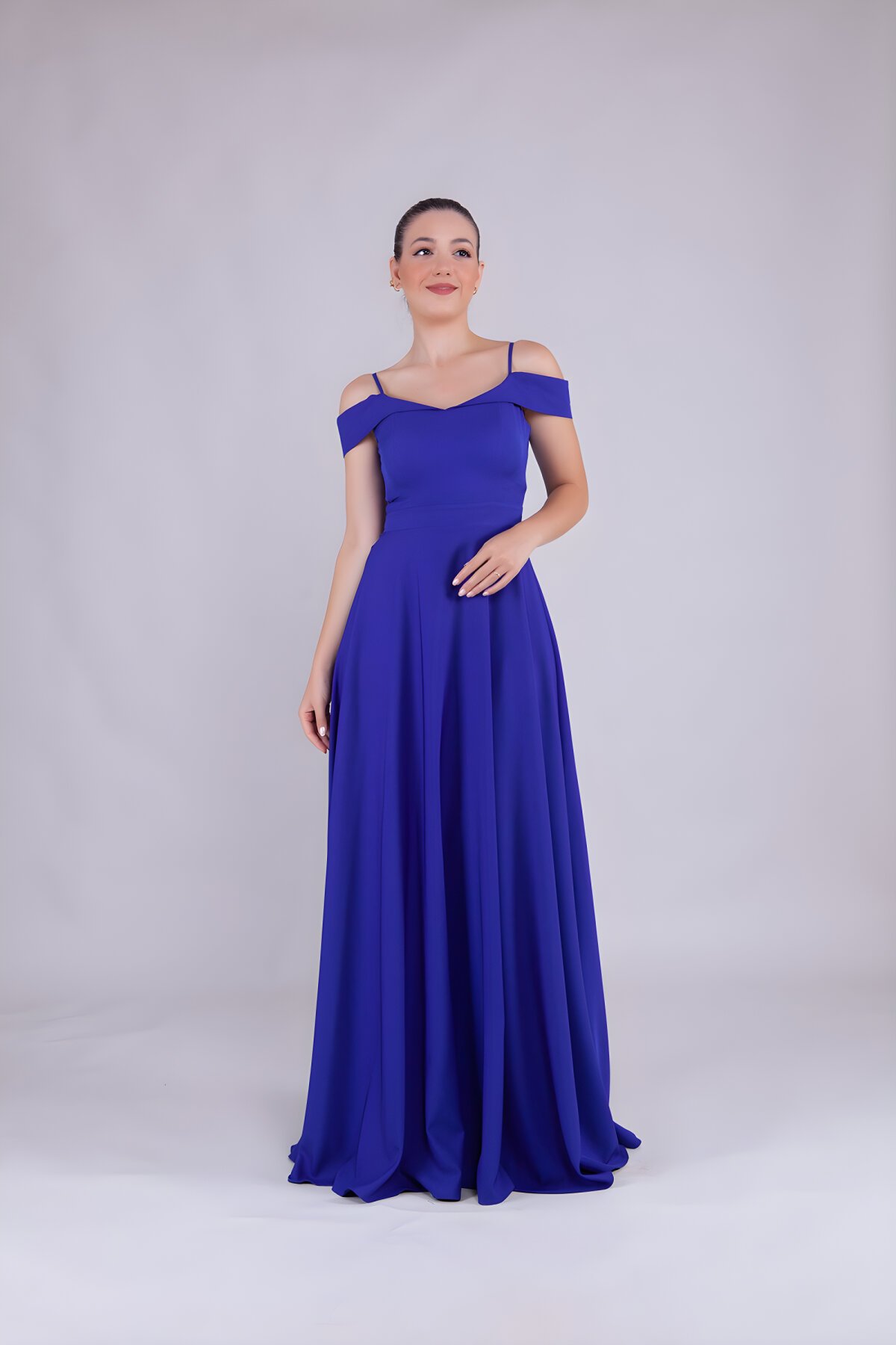 Long Strappy Off-Shoulder Evening Dress - Sax Blue - Bidoluelbise