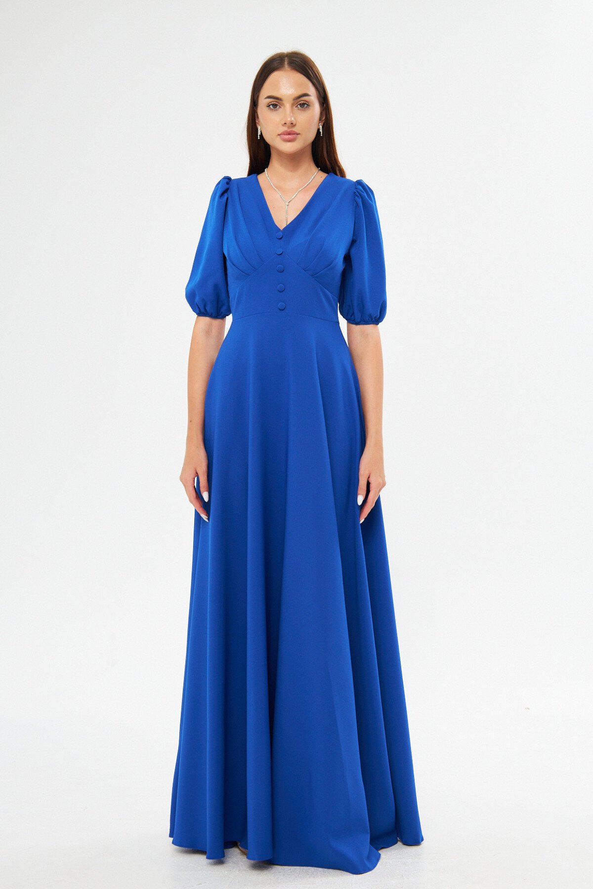 Long V-Neck Balloon Sleeve Corset Belt Detail Evening Dress - Sax Blue - Bidoluelbise