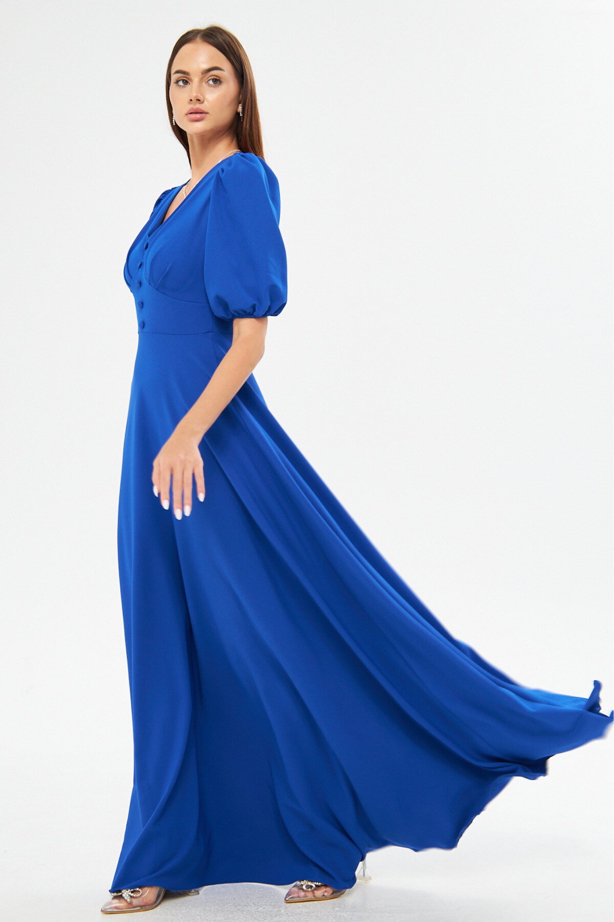 Long V-Neck Balloon Sleeve Corset Belt Detail Evening Dress - Sax Blue - Bidoluelbise
