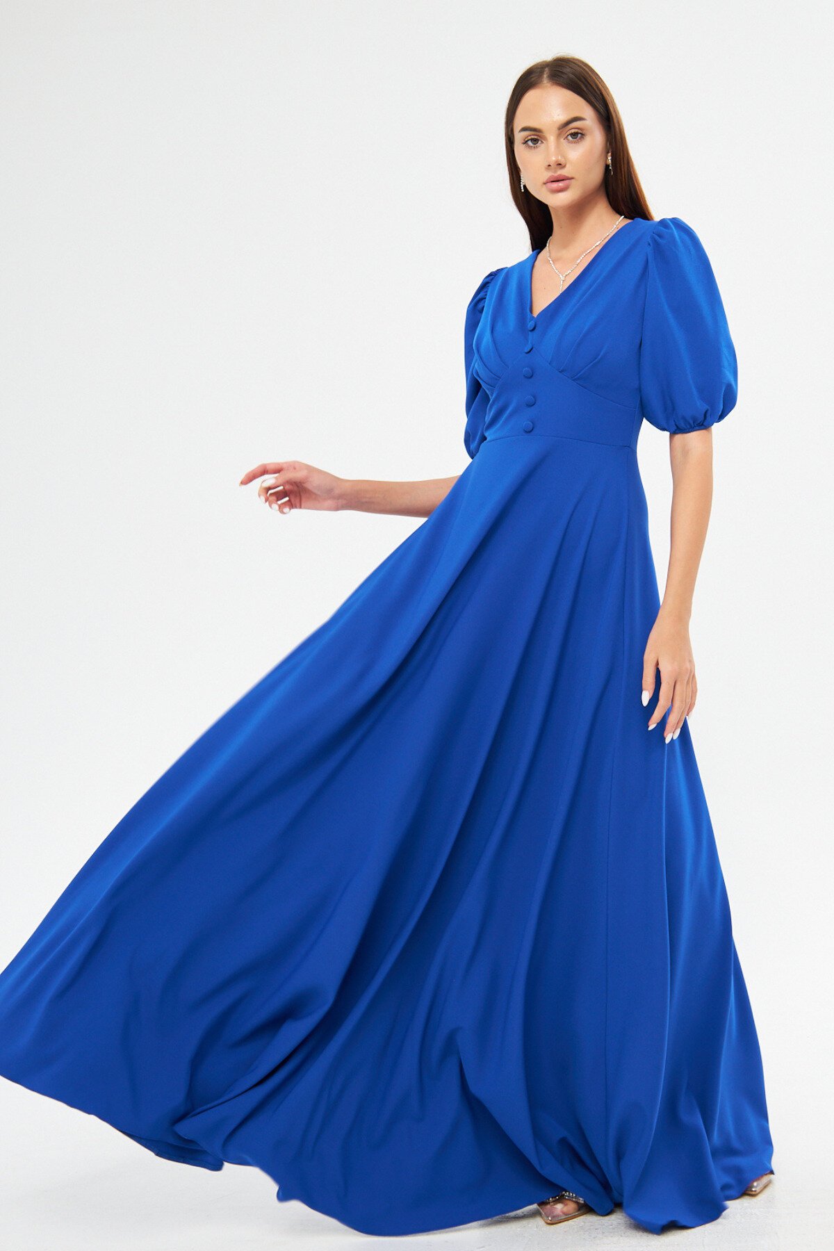 Long V-Neck Balloon Sleeve Corset Belt Detail Evening Dress - Sax Blue - Bidoluelbise