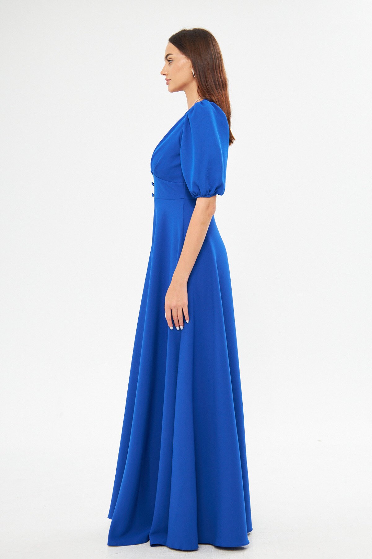 Long V-Neck Balloon Sleeve Corset Belt Detail Evening Dress - Sax Blue - Bidoluelbise