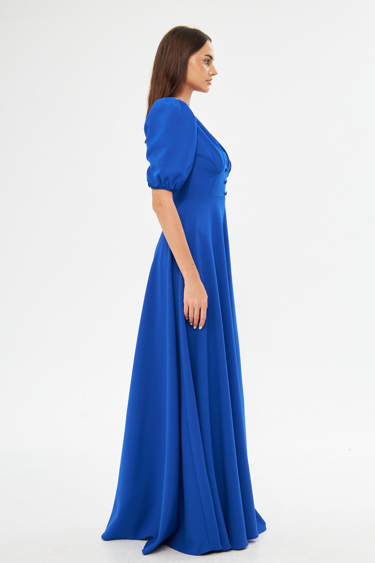 Long V-Neck Balloon Sleeve Corset Belt Detail Evening Dress - Sax Blue - Bidoluelbise
