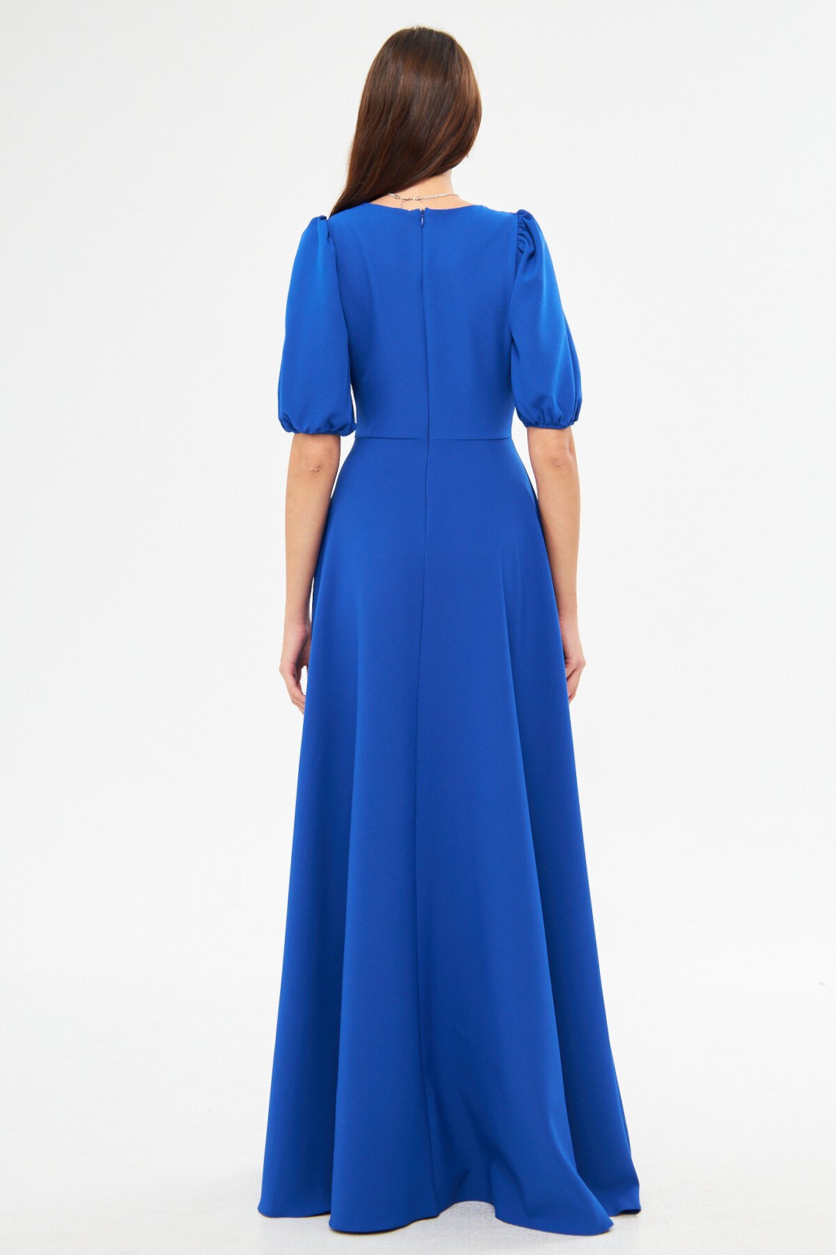 Long V-Neck Balloon Sleeve Corset Belt Detail Evening Dress - Sax Blue - Bidoluelbise