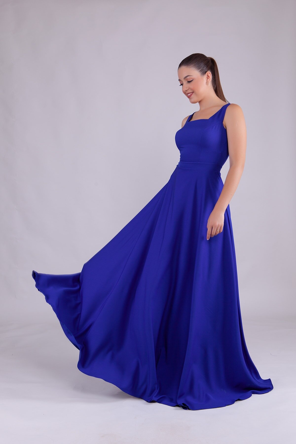 Sax Mavi Uzun Kare Yaka Abiye Elbise - Bidoluelbise