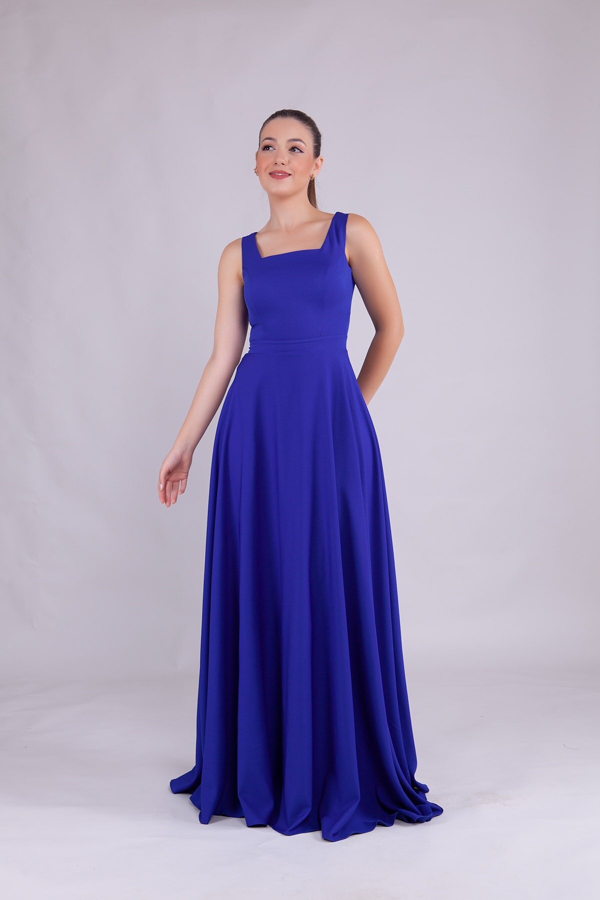 Long Square Neck Evening Dress - Royal Blue - Bidoluelbise