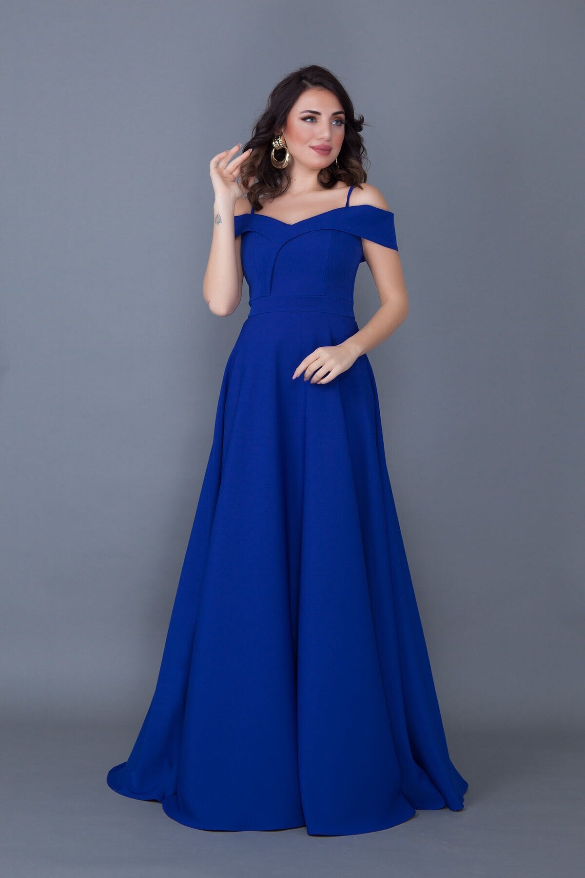 Long Flared Off-Shoulder Strap Evening Dress - Sax Blue - Bidoluelbise