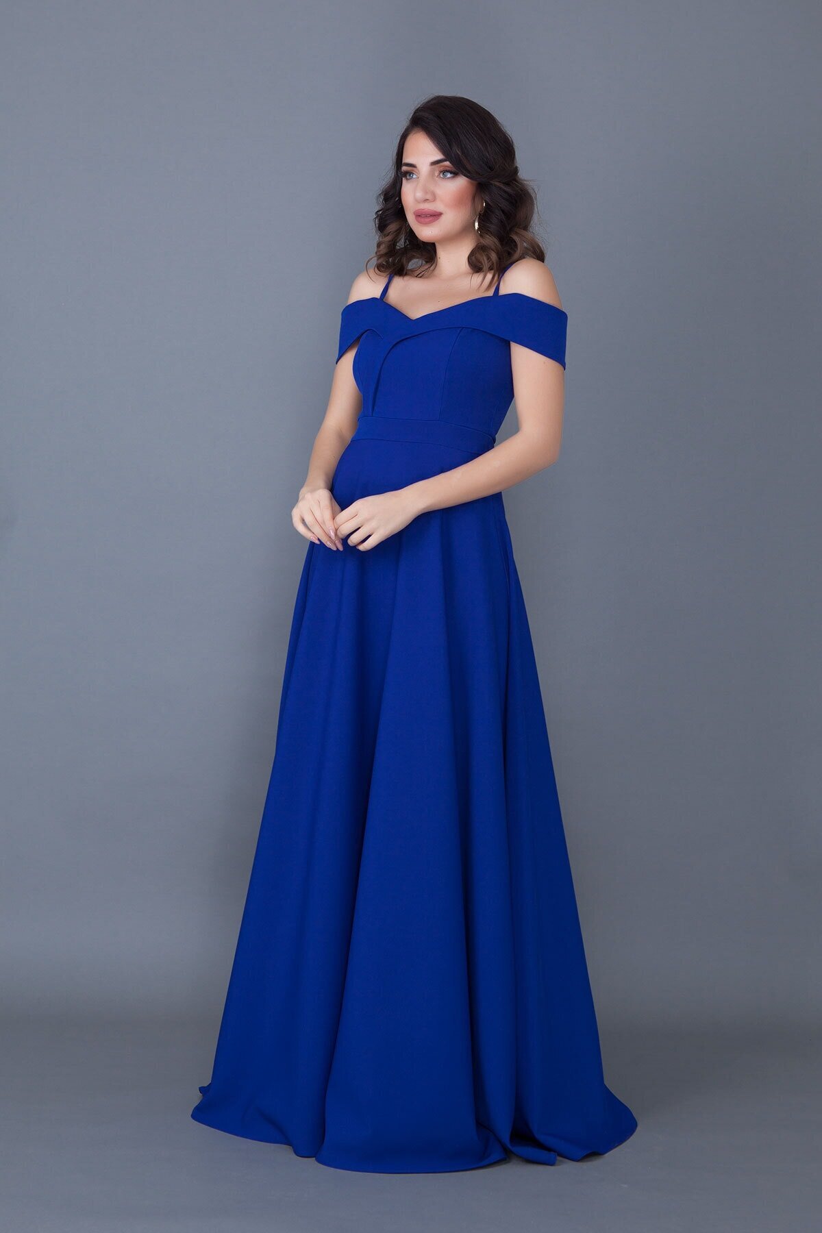 Long Flared Off-Shoulder Strap Evening Dress - Sax Blue - Bidoluelbise
