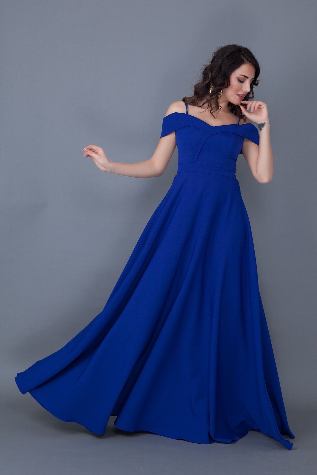 Long Flared Off-Shoulder Strap Evening Dress - Sax Blue - Bidoluelbise