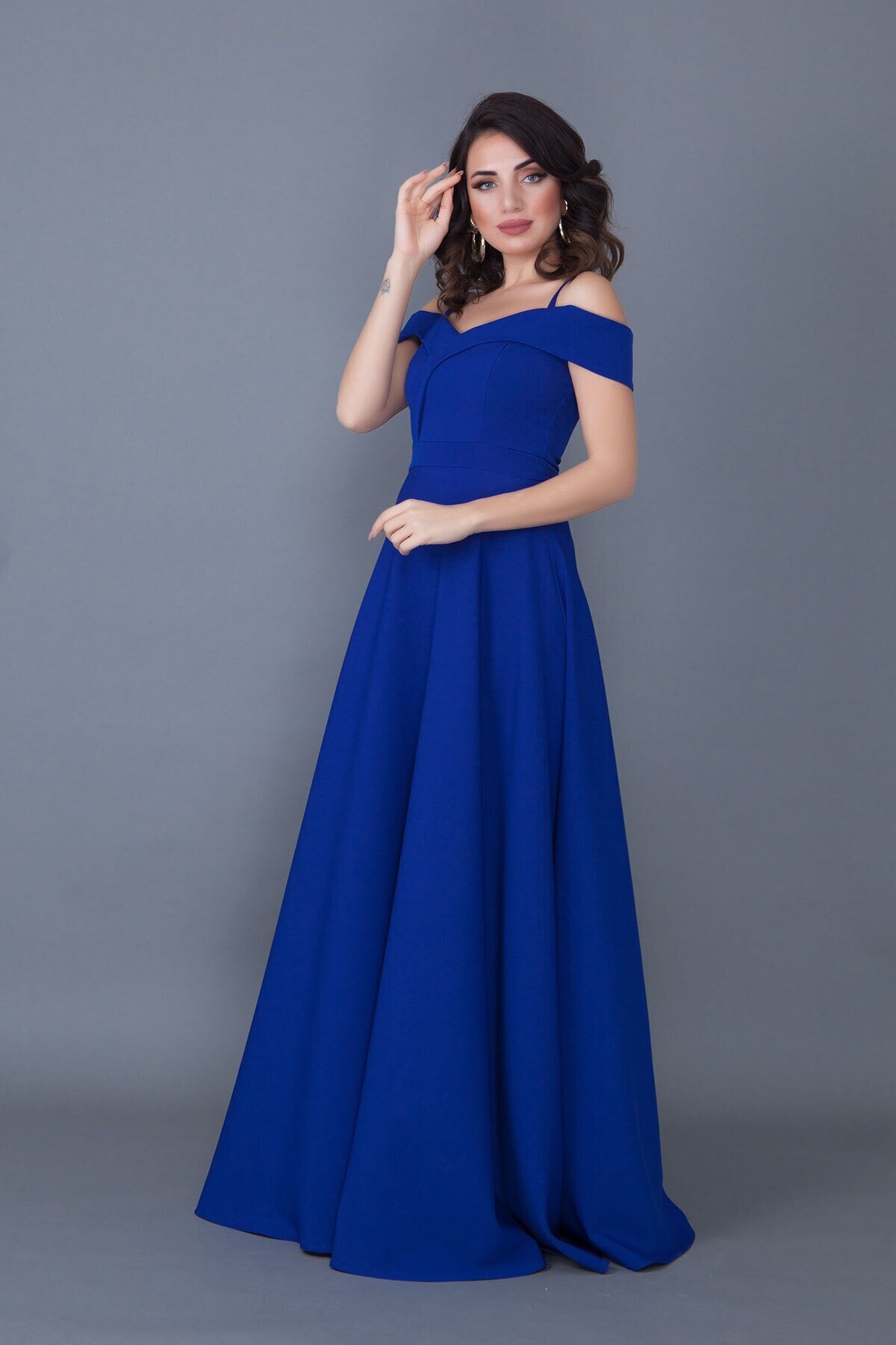 Long Flared Off-Shoulder Strap Evening Dress - Sax Blue - Bidoluelbise