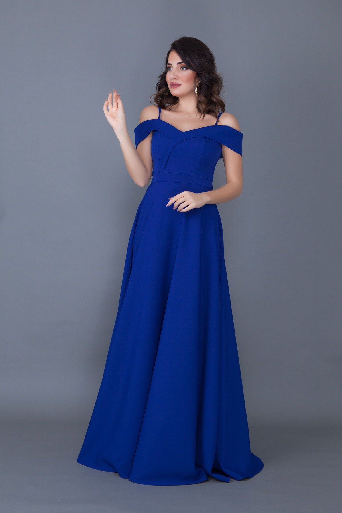 Long Flared Off-Shoulder Strap Evening Dress - Sax Blue - Bidoluelbise