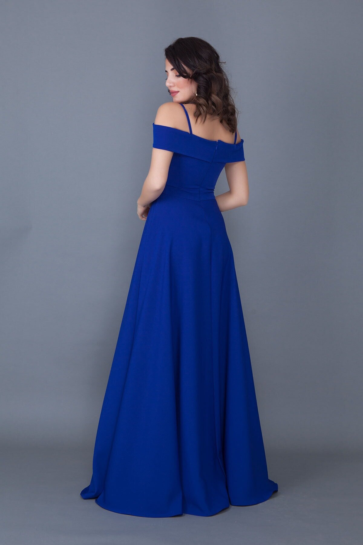 Long Flared Off-Shoulder Strap Evening Dress - Sax Blue - Bidoluelbise