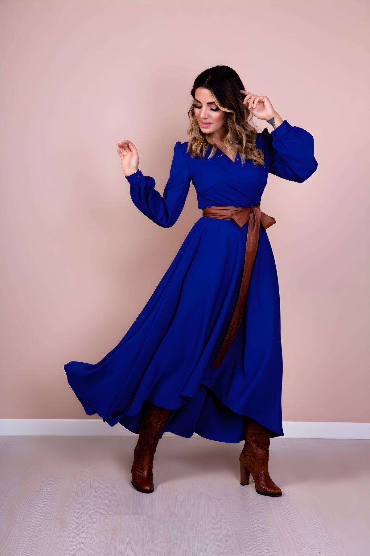 Long Sleeve Asymmetrical Cut Leather Belted Dress - Sax Taba - Bidoluelbise