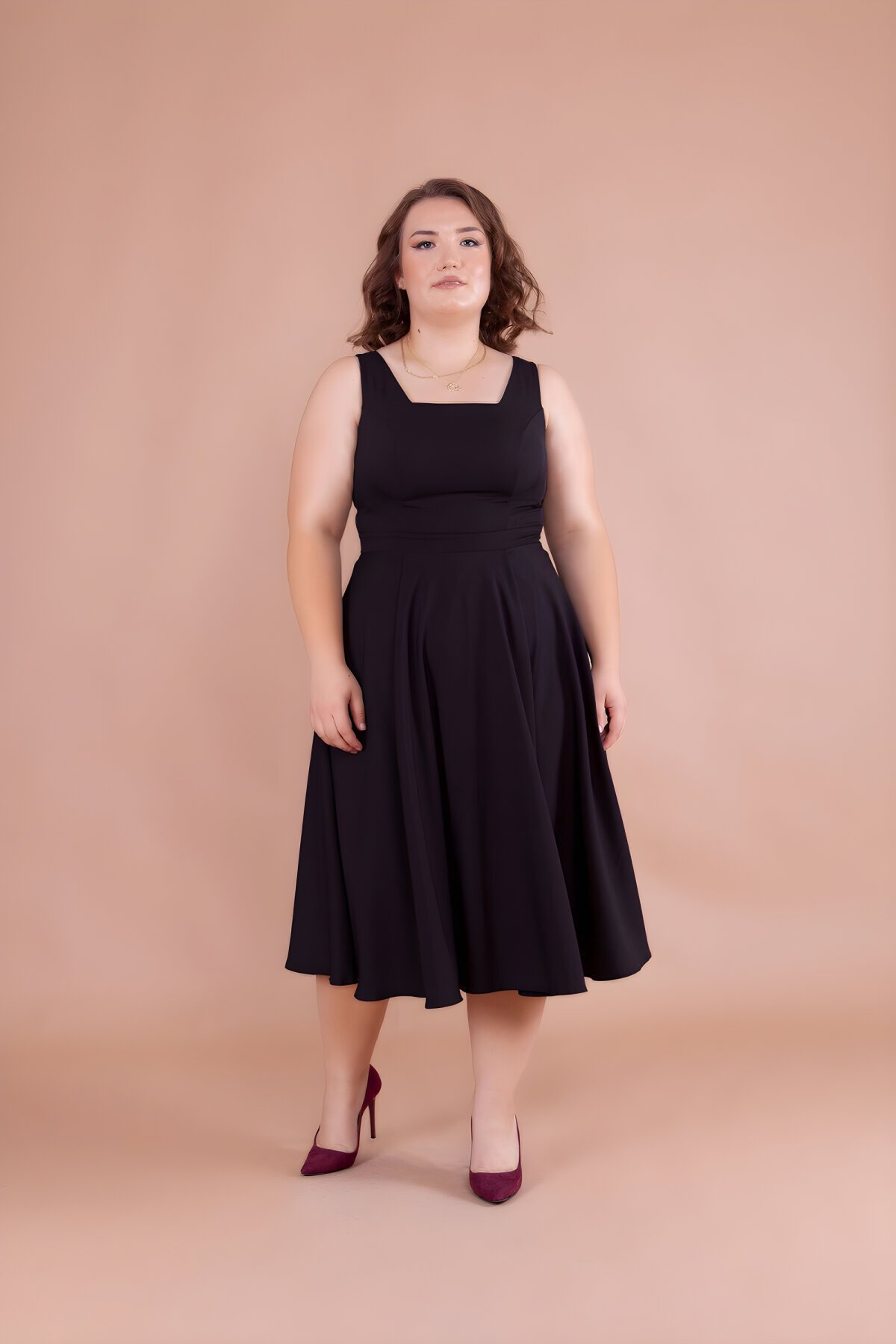 Midi Plus Size Square Neck Dress - Black - Bidoluelbise