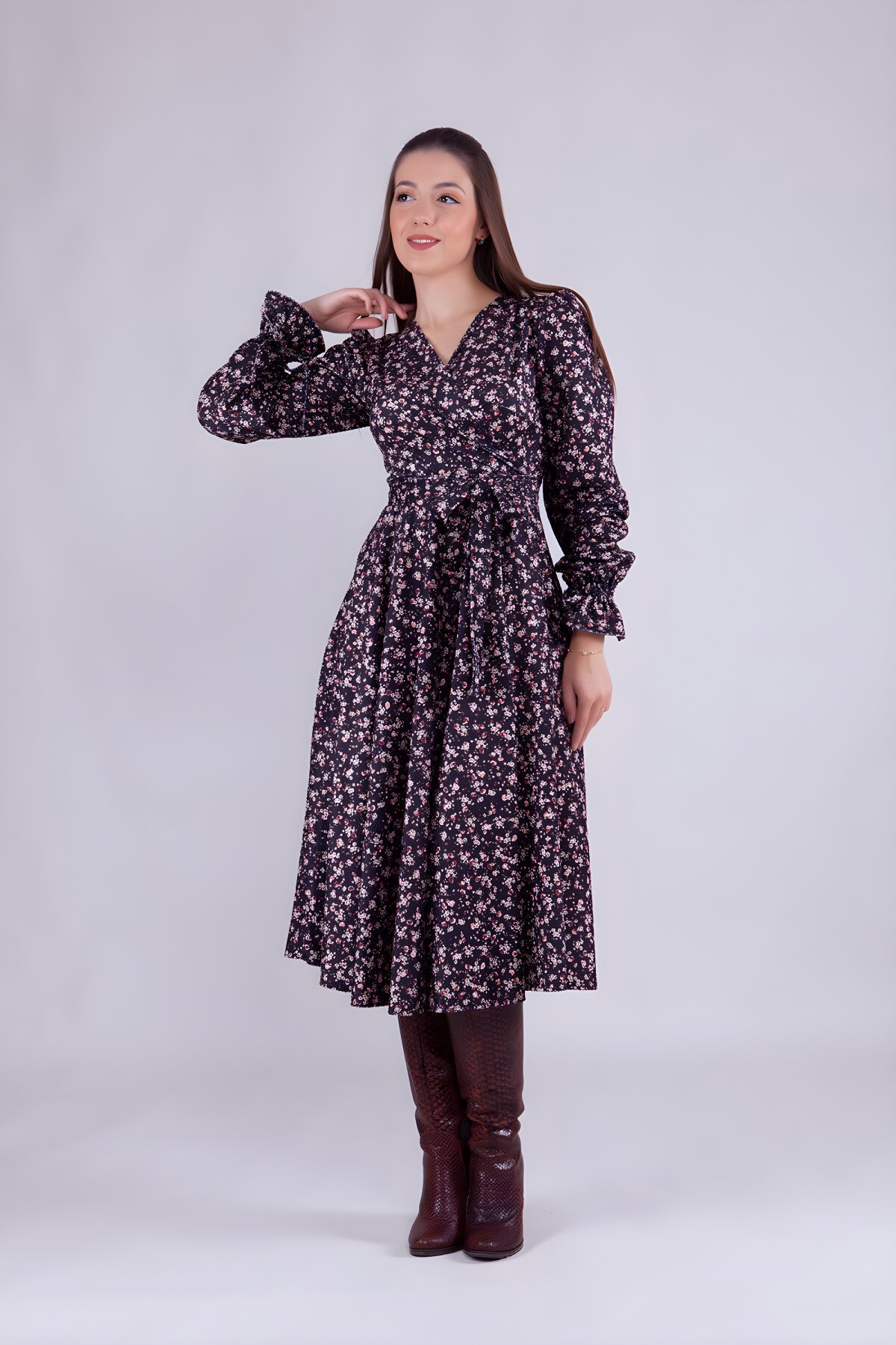 Midi Long Sleeve Floral Velvet Wrap Dress - Black - Bidoluelbise