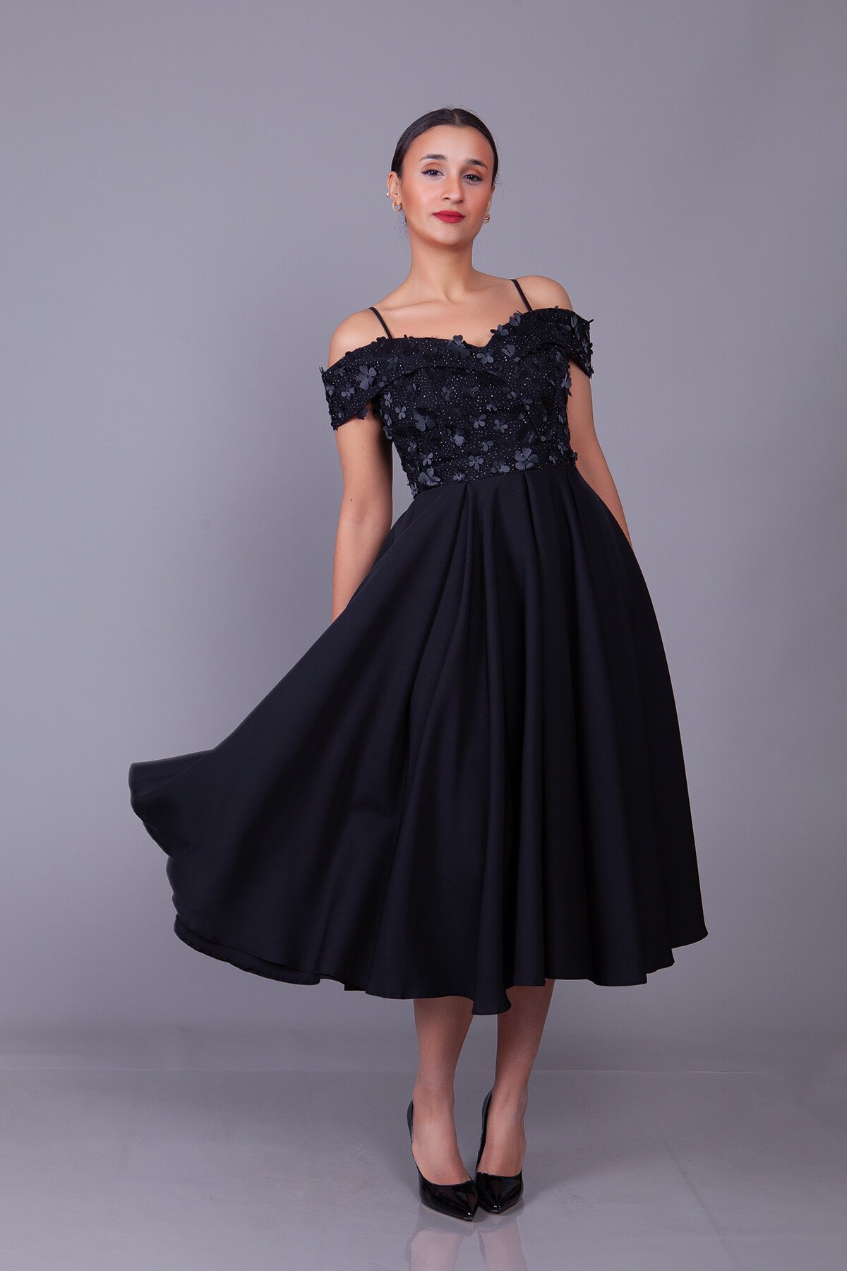 Midi Flared Floral Tulle Detail Strappy Off-Shoulder Evening Dress - Black - Bidoluelbise