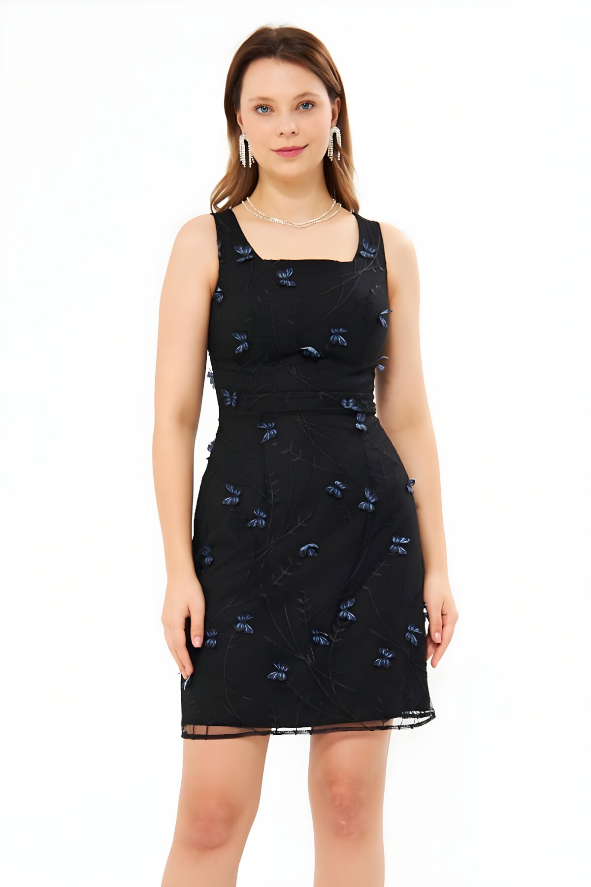 Mini Butterfly Lace Square-Neck Evening Dress - Black - Bidoluelbise