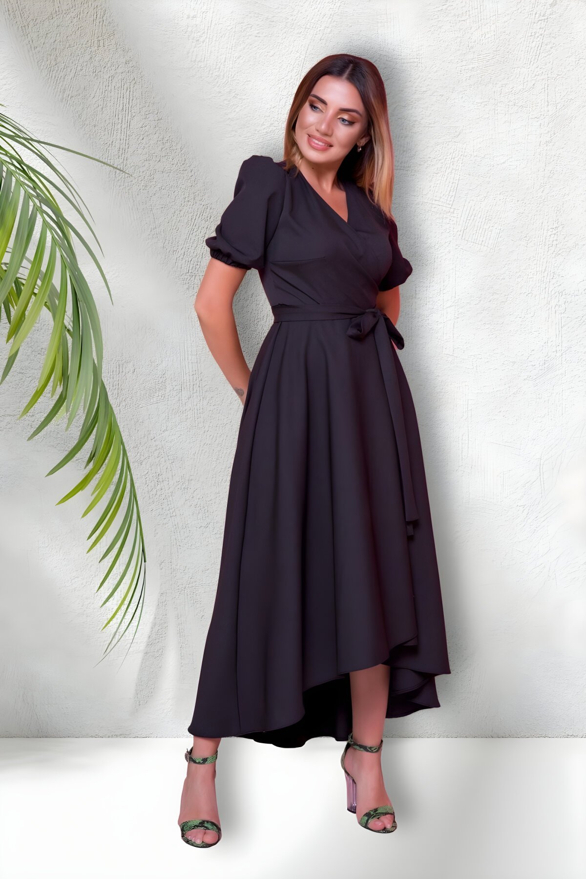Midi Short-Sleeve Crossover-Neck Asymmetric-Cut Evening Dress - Black - Bidoluelbise
