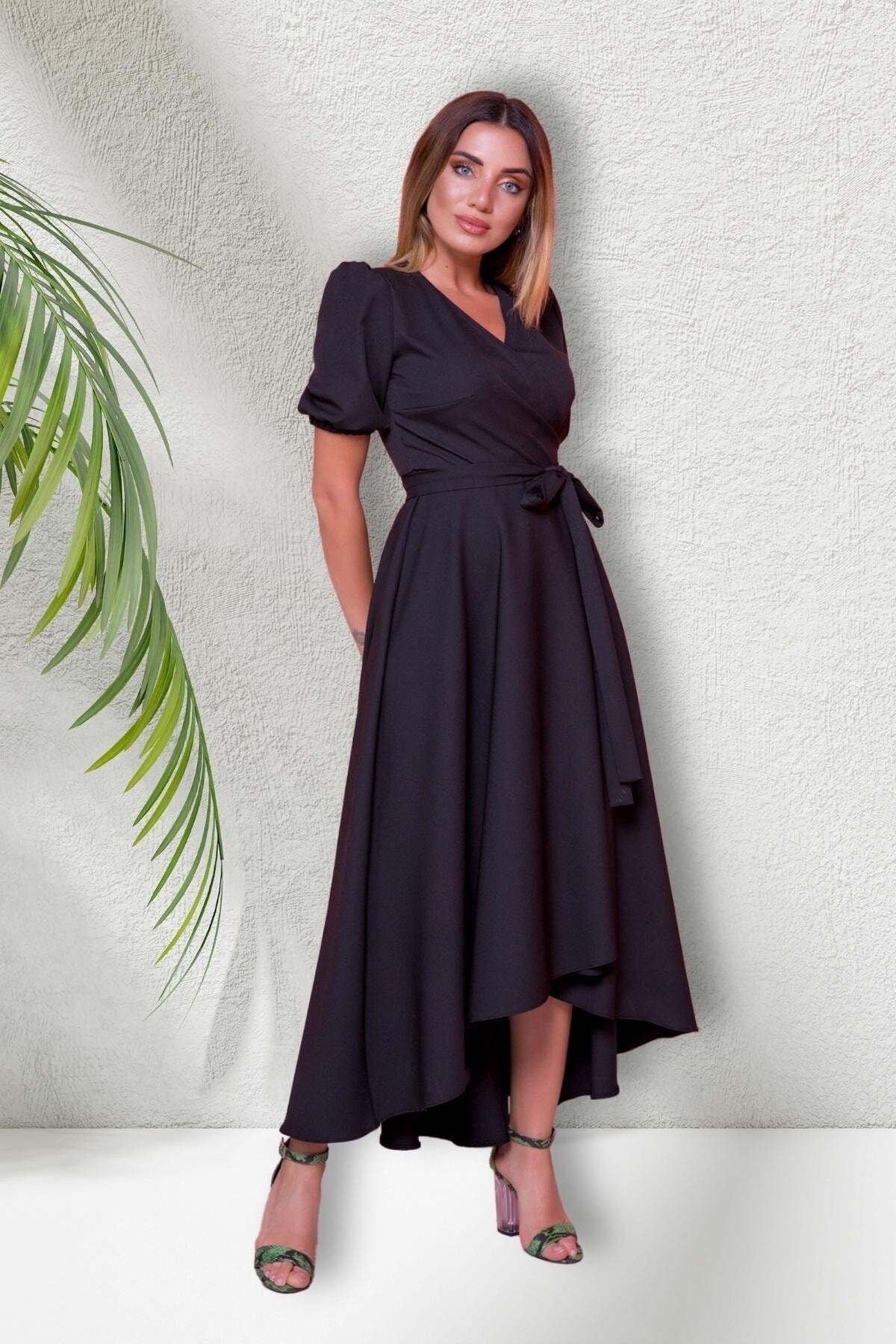 Midi Short-Sleeve Crossover-Neck Asymmetric-Cut Evening Dress - Black - Bidoluelbise