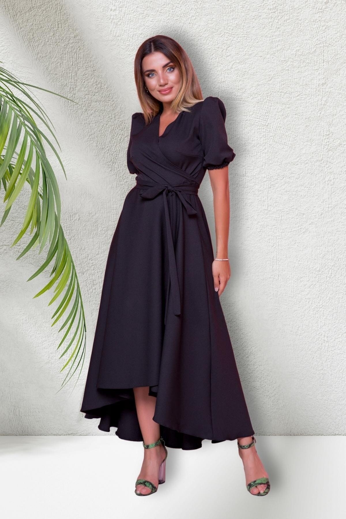 Midi Short-Sleeve Crossover-Neck Asymmetric-Cut Evening Dress - Black - Bidoluelbise