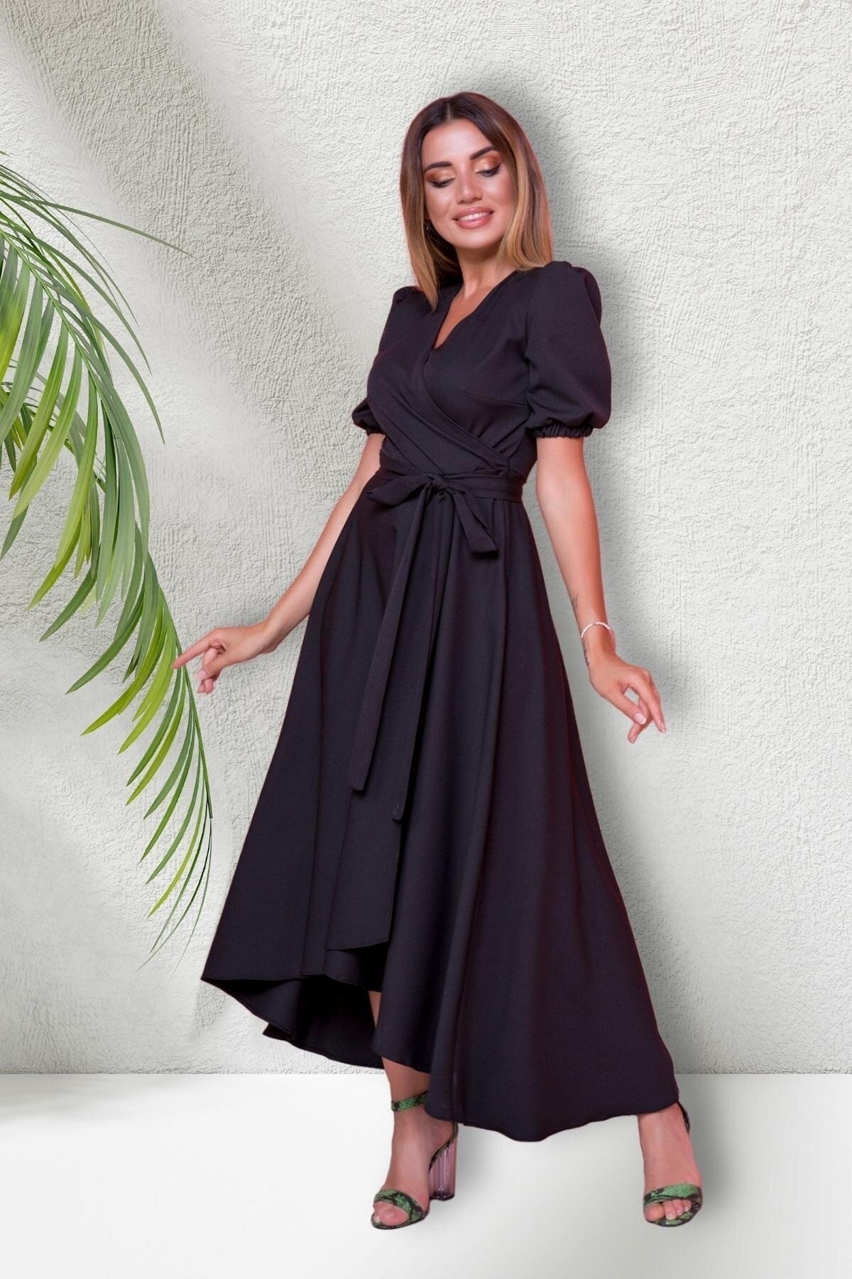Midi Short-Sleeve Crossover-Neck Asymmetric-Cut Evening Dress - Black - Bidoluelbise