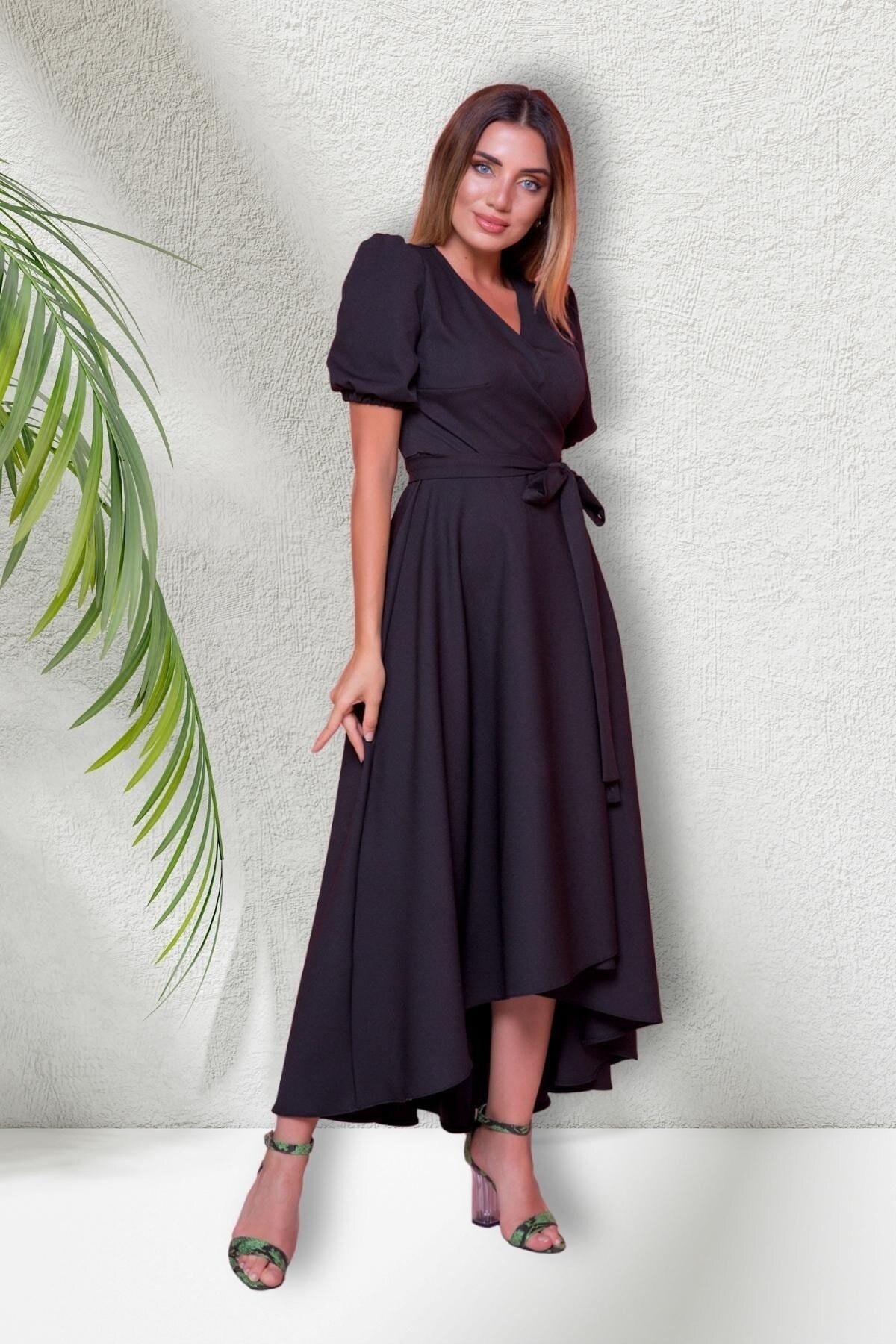 Midi Short-Sleeve Crossover-Neck Asymmetric-Cut Evening Dress - Black - Bidoluelbise