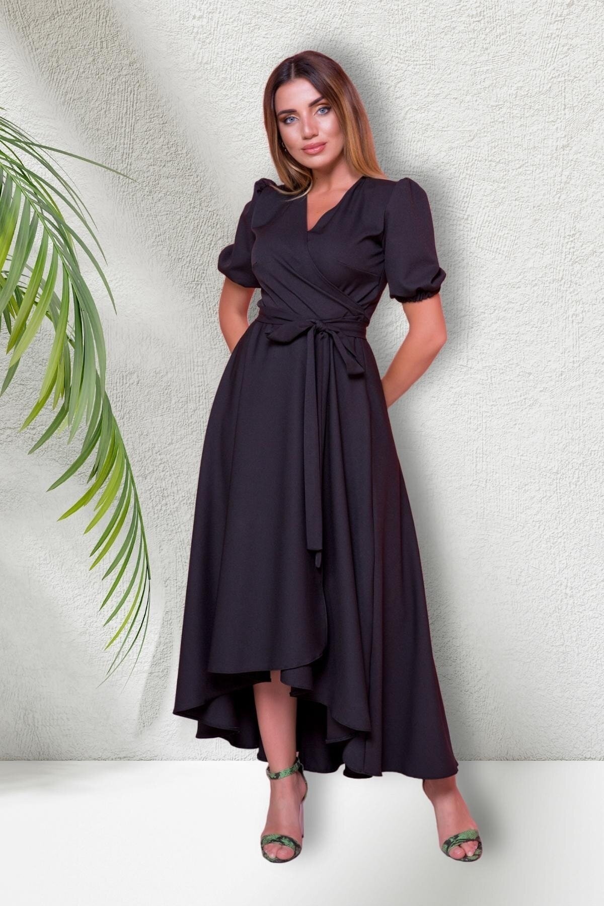 Midi Short-Sleeve Crossover-Neck Asymmetric-Cut Evening Dress - Black - Bidoluelbise