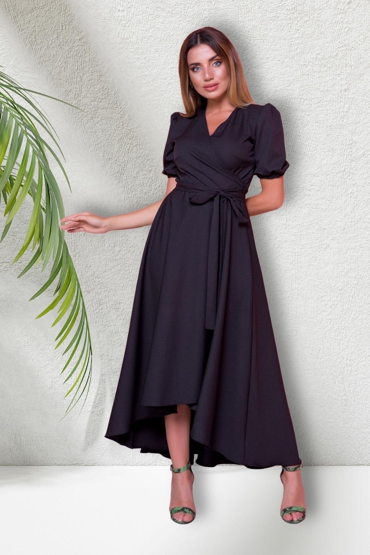 Midi Short-Sleeve Crossover-Neck Asymmetric-Cut Evening Dress - Black - Bidoluelbise