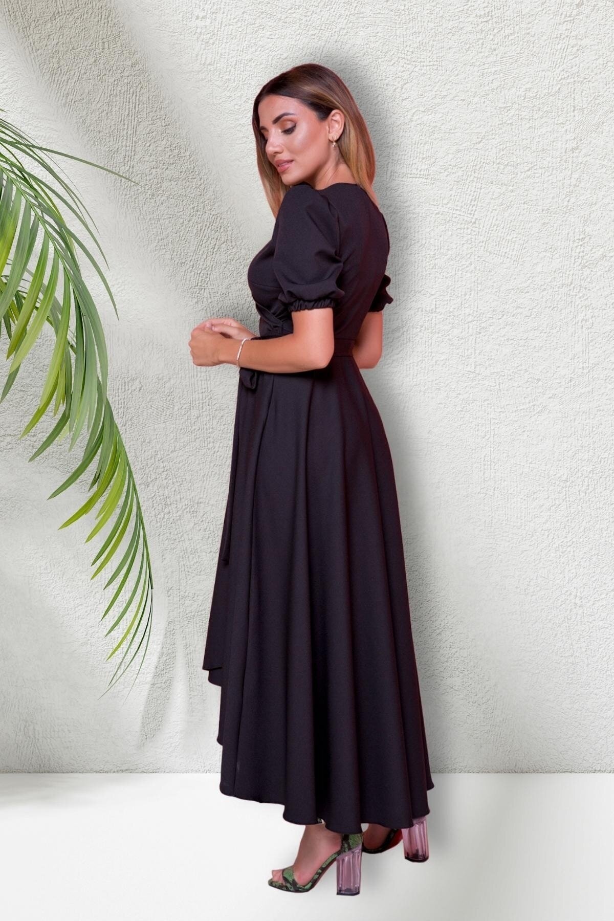 Midi Short-Sleeve Crossover-Neck Asymmetric-Cut Evening Dress - Black - Bidoluelbise