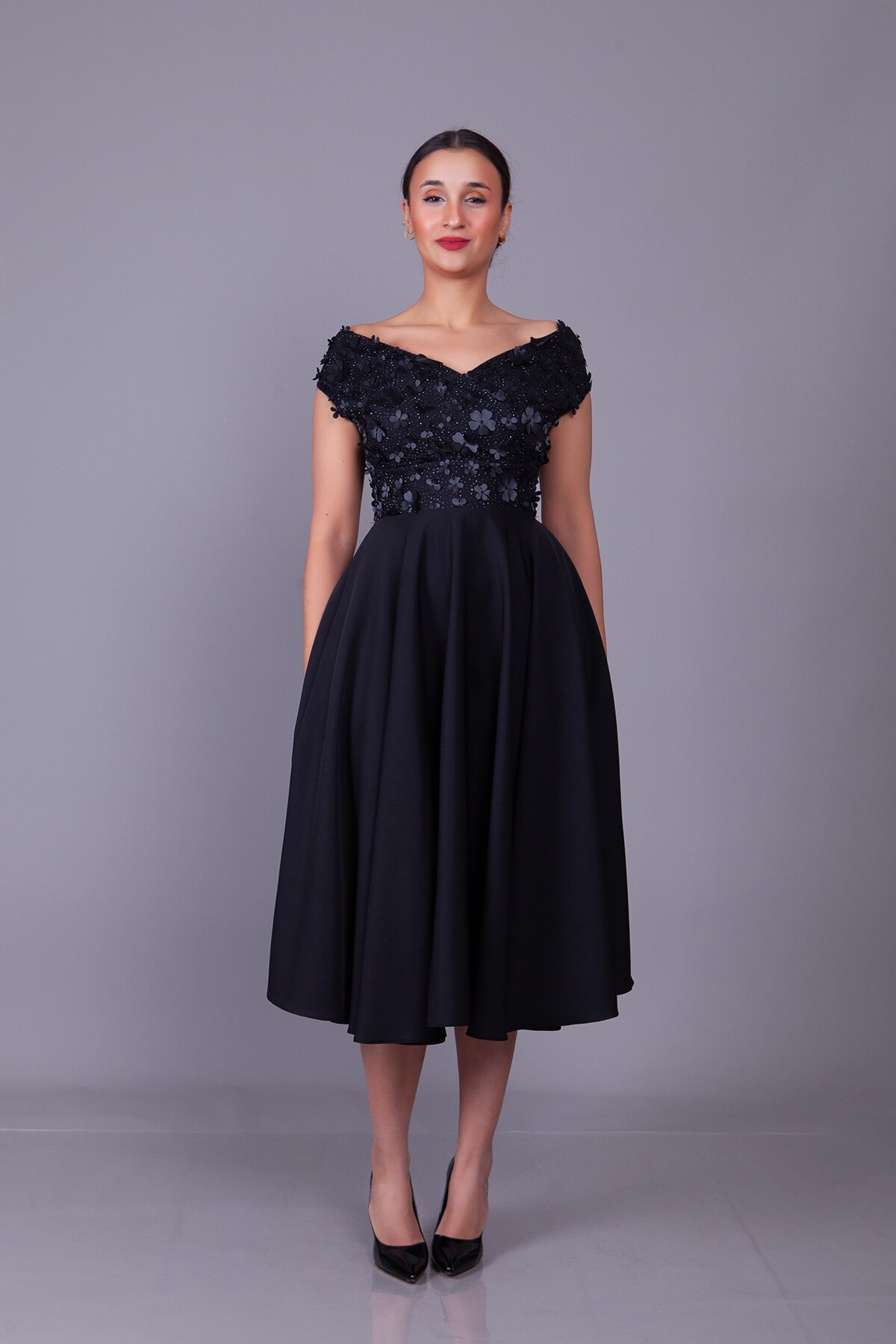 Midi Floral Tulle Detail Boat Neck Evening Dress - Black - Bidoluelbise