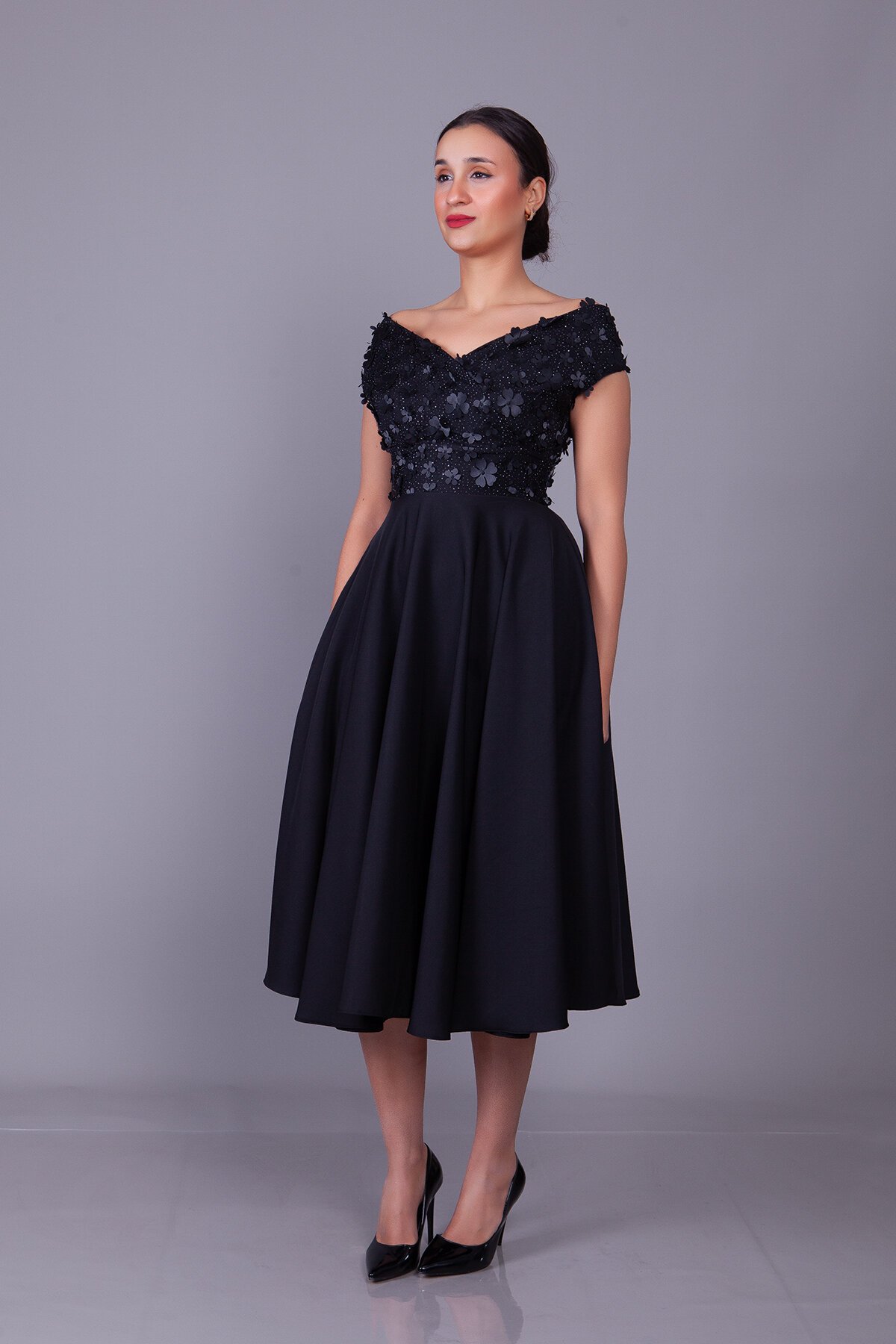 Midi Floral Tulle Detail Boat Neck Evening Dress - Black - Bidoluelbise