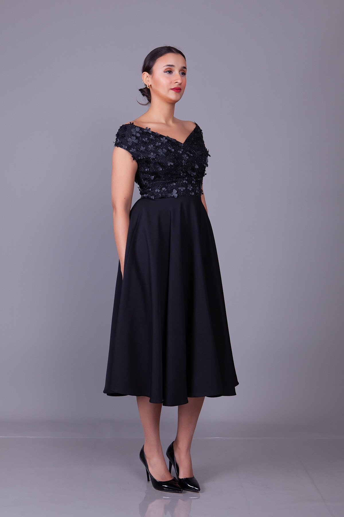 Midi Floral Tulle Detail Boat Neck Evening Dress - Black - Bidoluelbise