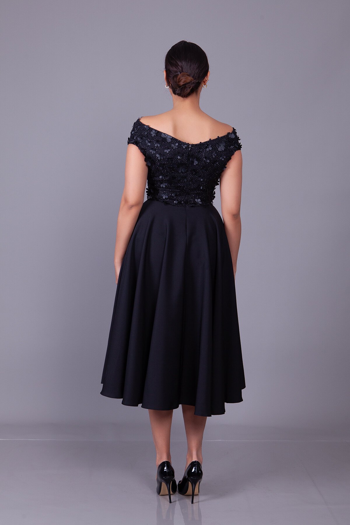 Midi Floral Tulle Detail Boat Neck Evening Dress - Black - Bidoluelbise