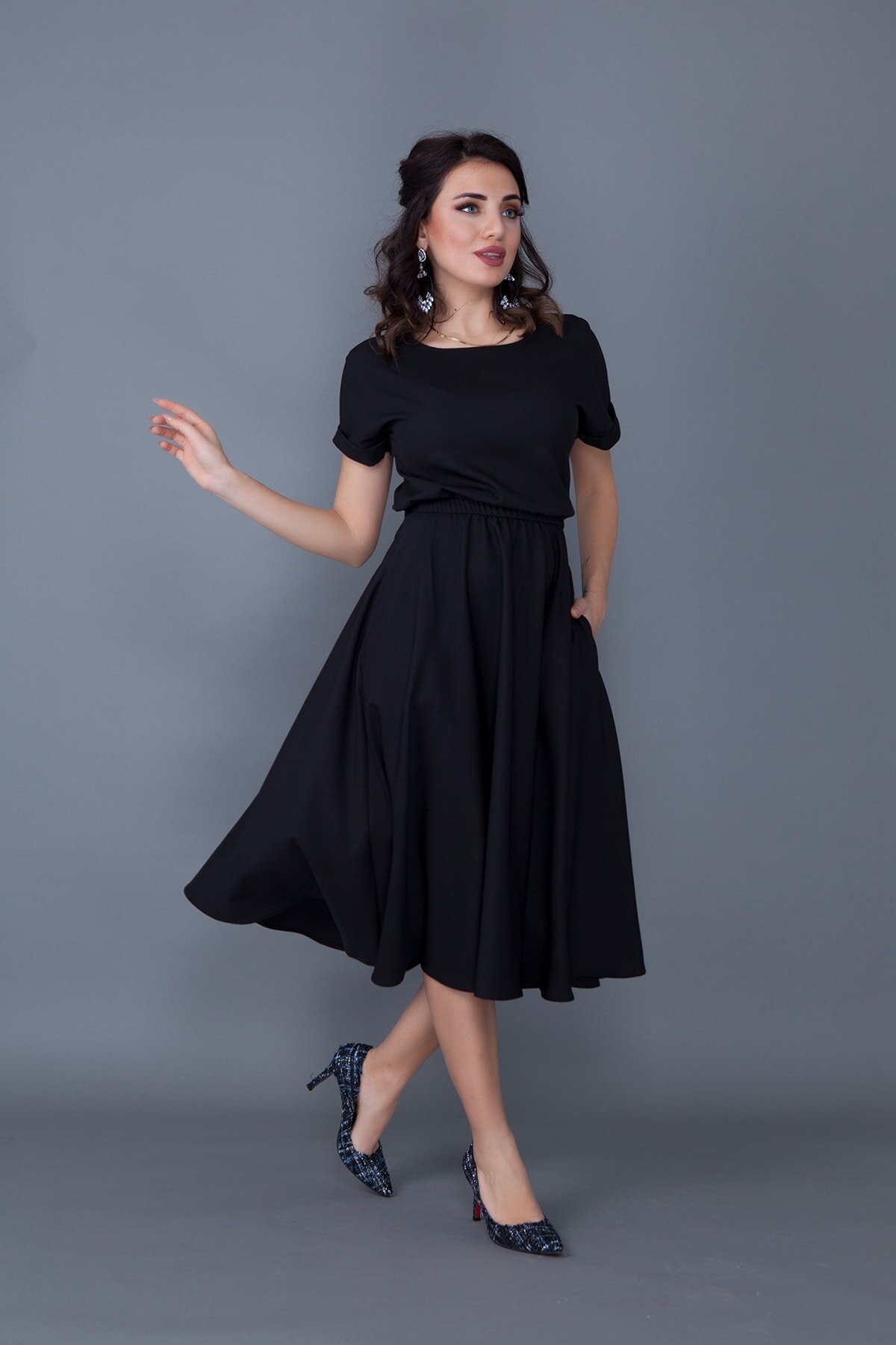 Siyah Midi Yarasa Kol Beli Lastikli Cepli Elbise - Bidoluelbise