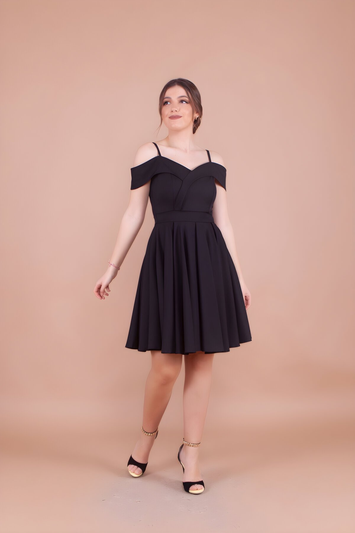 Mini Strappy Pleated Drop-Shoulder Evening Dress - Black - Bidoluelbise