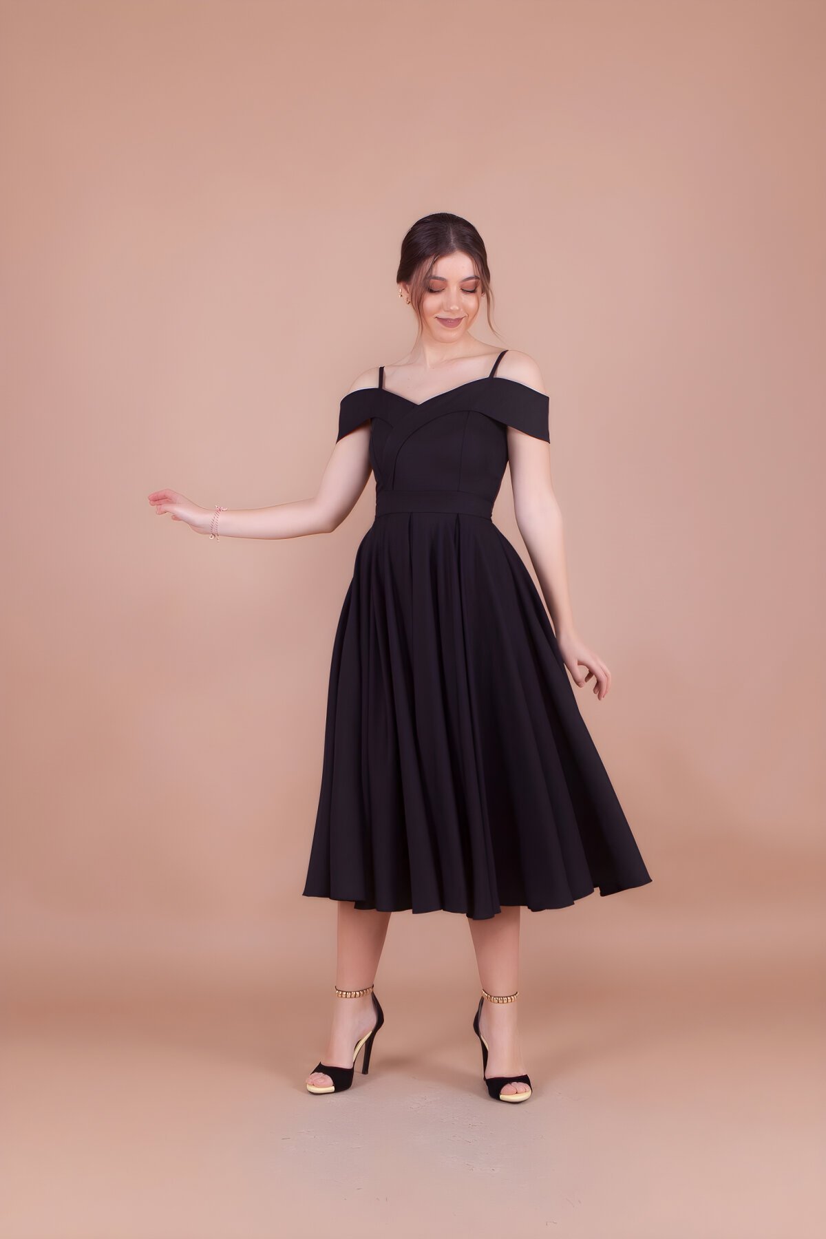 Midi Strappy Pleated Low-Shoulder Evening Dress - Black - Bidoluelbise